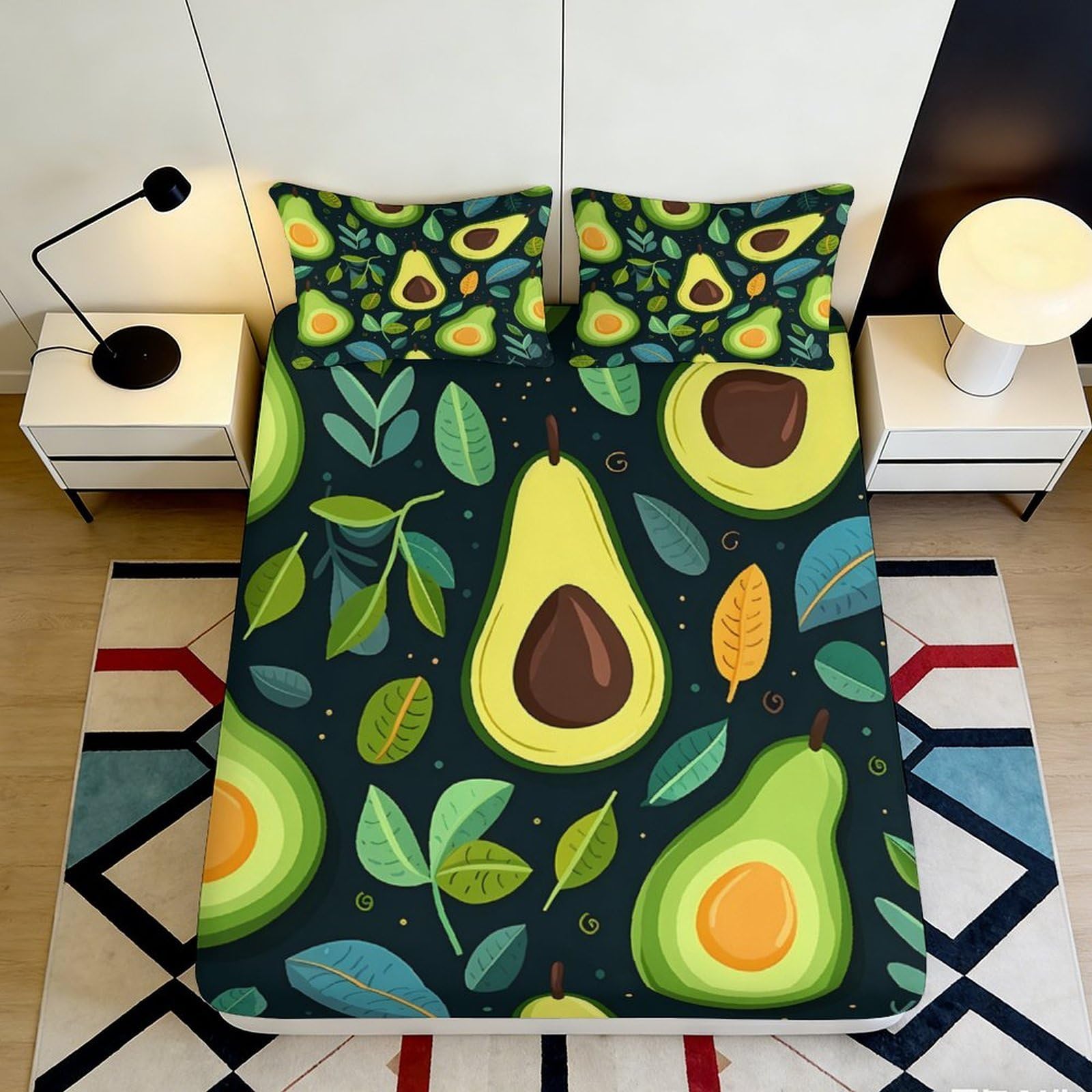 Uxinyoume Style-7 3D Printed Avocado Fruit Fitted Sheet Microfiber Soft Green Leaf Mattress Cover For Bedroom Dorm Room Mattress Protection 90X200x25cm