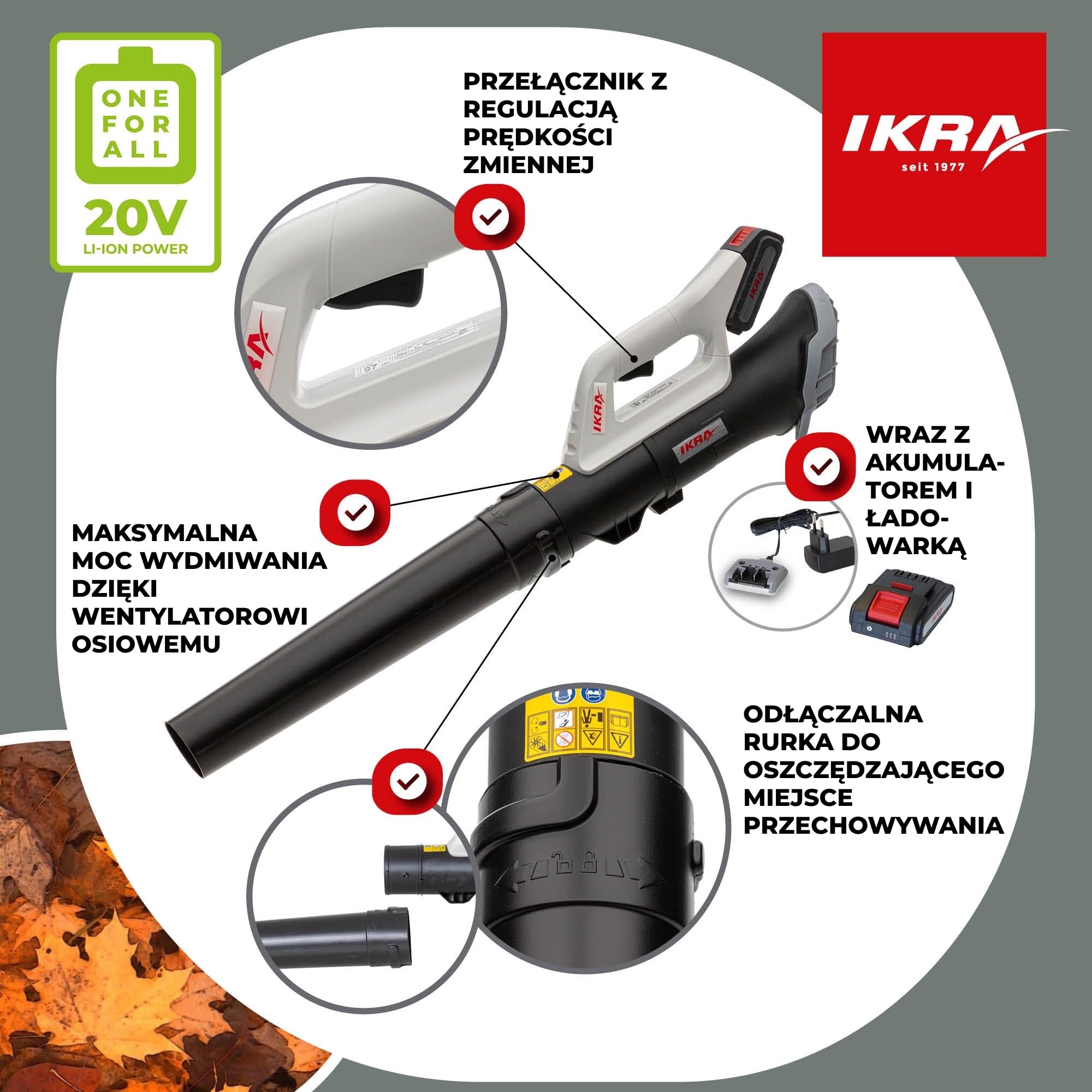 IKRA Osiowa dmuchawa do liści ICB 20, akumulator 20V 2,0Ah, ładowarka | Wentylator osiowy usuwa nawet mokre liście, płynna regulacja prędkości, kompaktowy i lekki, 150 km/h, system IKRA 20V