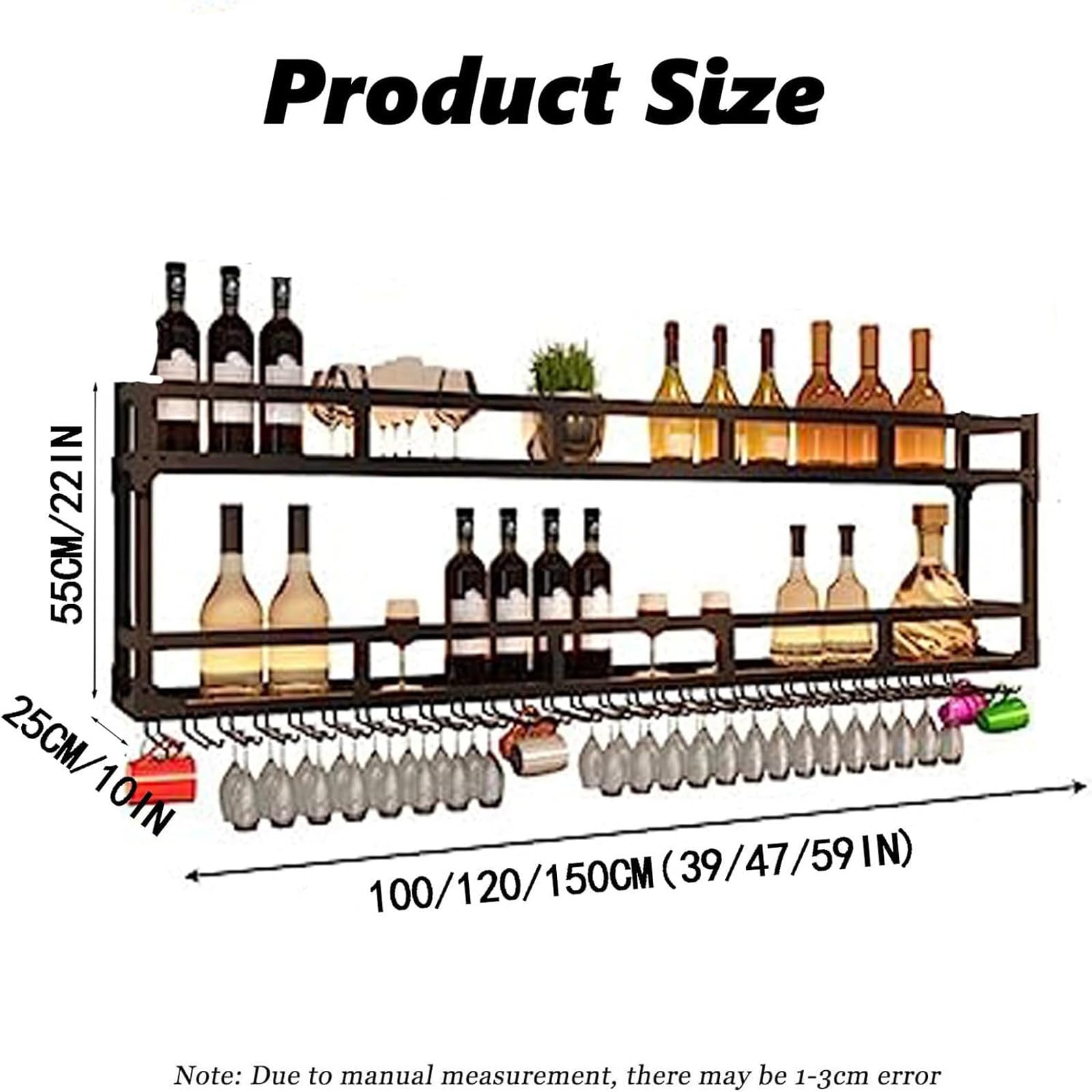 Estante De Almacenamiento Vino Moderno Montado En La Pared Con Luz LED, Estantes Flotantes Unidad De Barra, Estantes Barra Almacenamiento Cocina Para Decoración Bar Comedor De Cocina,Black-100x20x55cm