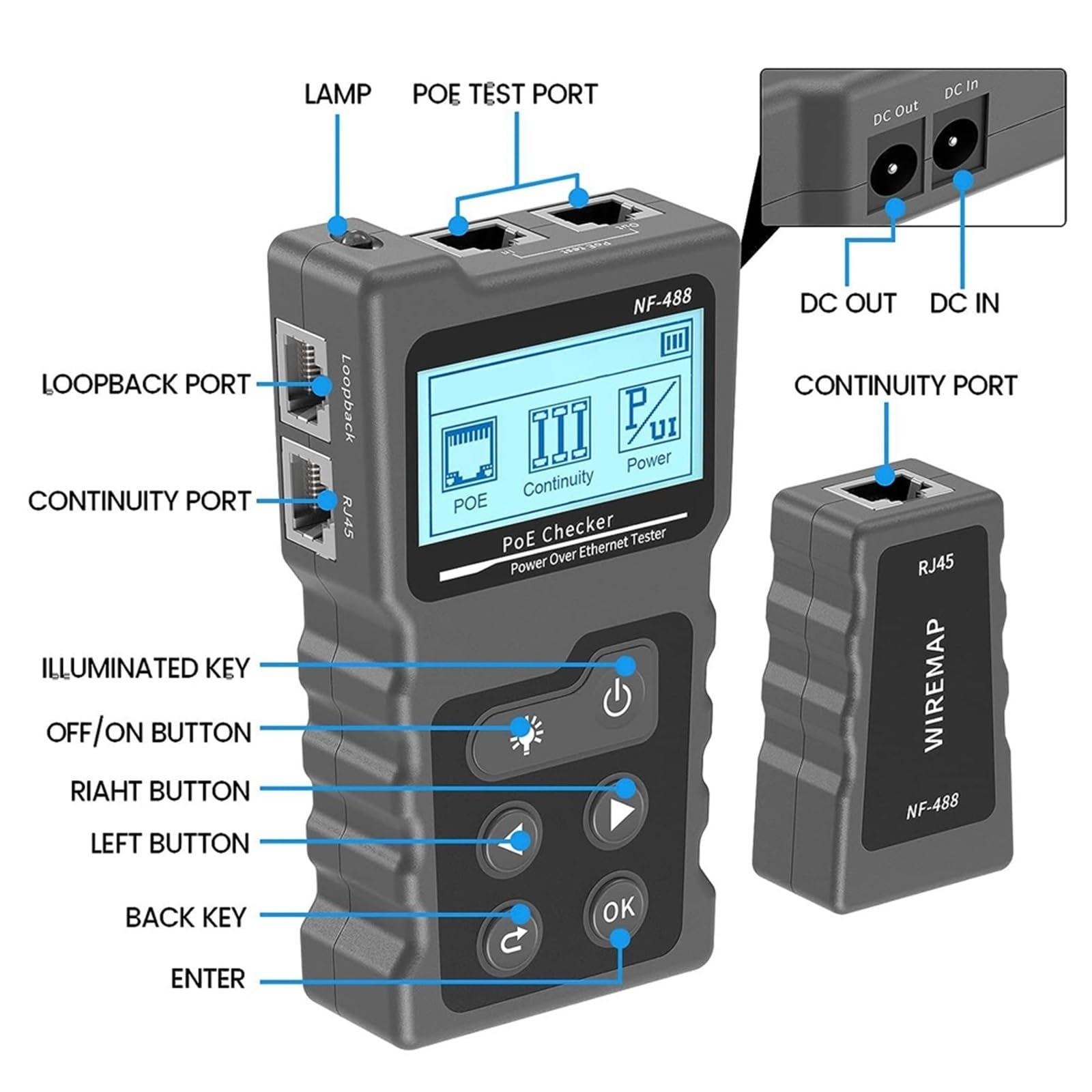 Tester Kabli Sieciowych, Tester okablowania sieciowego NF-488 PoE Tester okablowania Ethernet Test ciągłości przełącznika zasilania DC Test pętli zwrotnej dla CAT5e/CAT6/6a