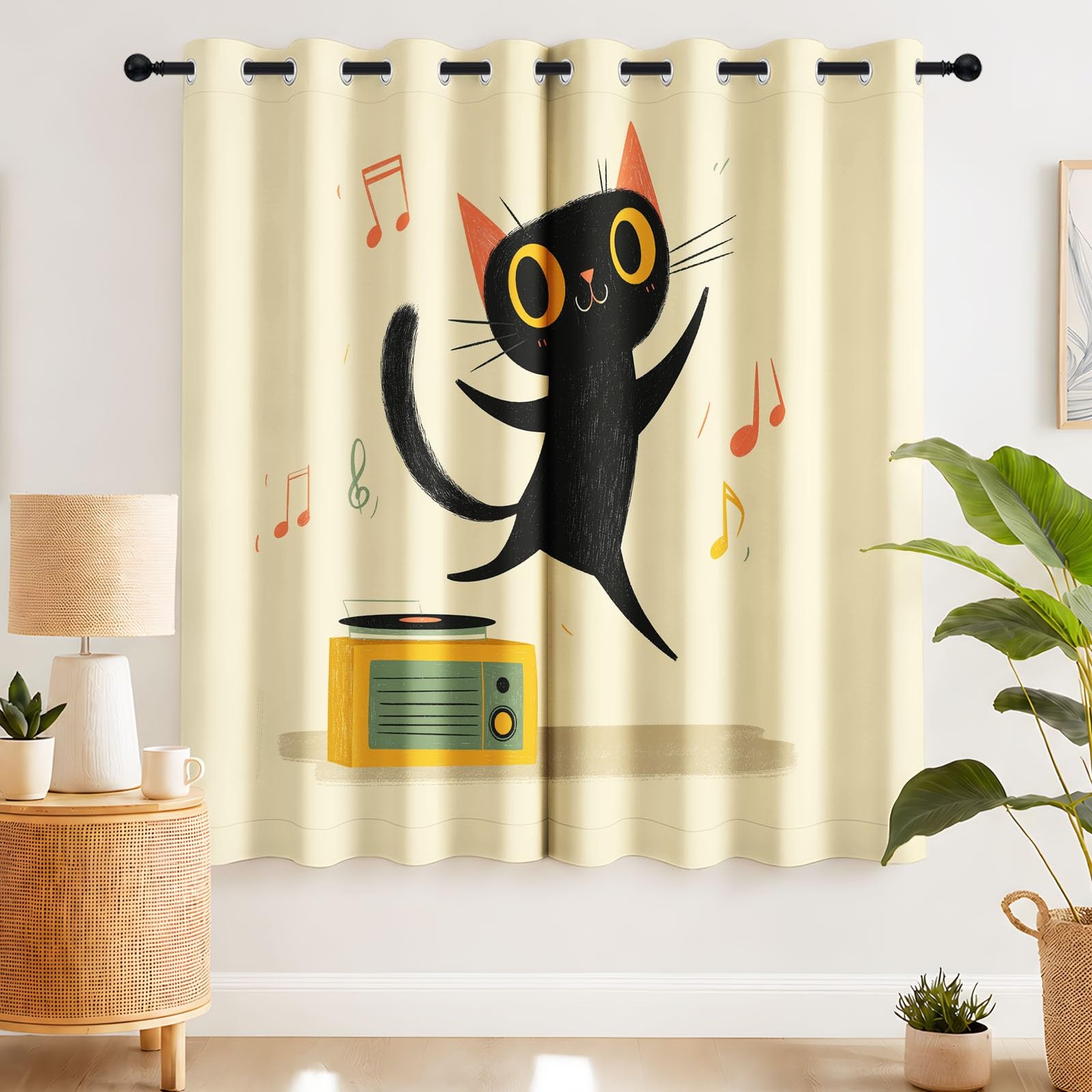 Zasłony zaciemniające do kuchni na okna - zabawna muzyka zasłona na przelotkach, przelotki zasłony okienne do sypialni salonu, szer. 229 cm x dł. 229 cm, 2 panele czarny kot gramofon beżowe wzorzyste