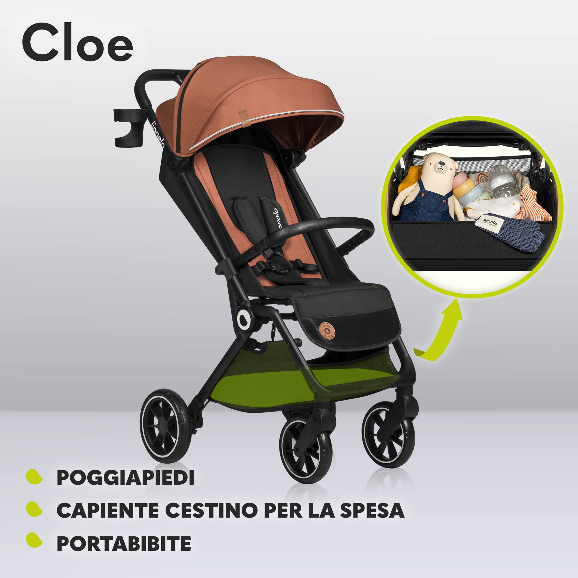 LIONELO Cloe Passeggino Leggero Pieghevole per Bambini fino a 22 kg | Dalla Nascita, Schienale Regolabile, Posizione Nanna, Impermeabile, Cinture 5 Punti, Ruote XXL, Zanzariera e Portabicchieri