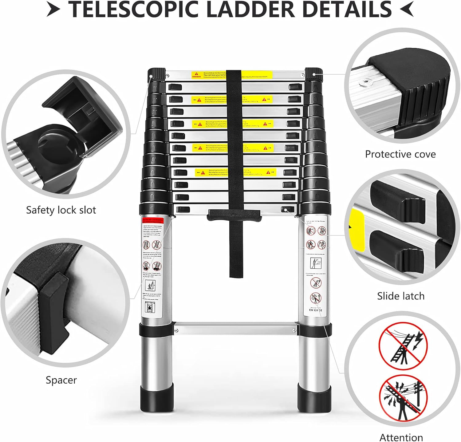 12.5FT Telescoping Ladder, Aluminum extendable Ladder, Retractable Extension Ladder for Home and Outdoor Work, Load Capacity 330 pounds