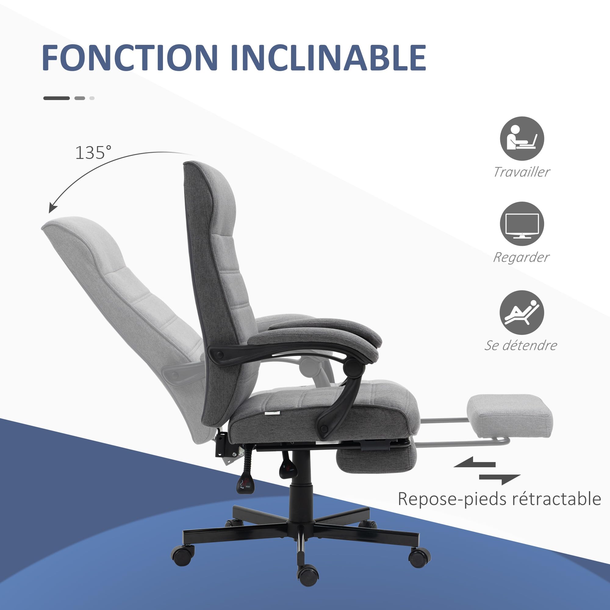 Vinsetto Sedia Da Ufficio Reclinabile Con Poggiapiedi Retrattile E Schienale Alto In Tessuto Grigio 92852184