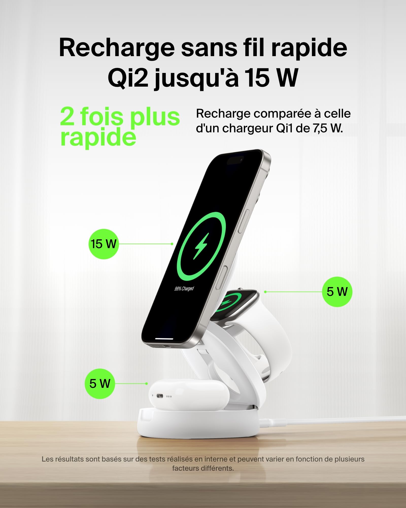 Belkin BoostCharge Station de Charge 3-en-1 Pliable, Chargeur Induction Compatible MagSafe, certifié Qi2, 15 W, pour iPhone 17, Air, Apple Watch, AirPods, Pixelsnap, Adaptateur 36W Inclus - Blanc