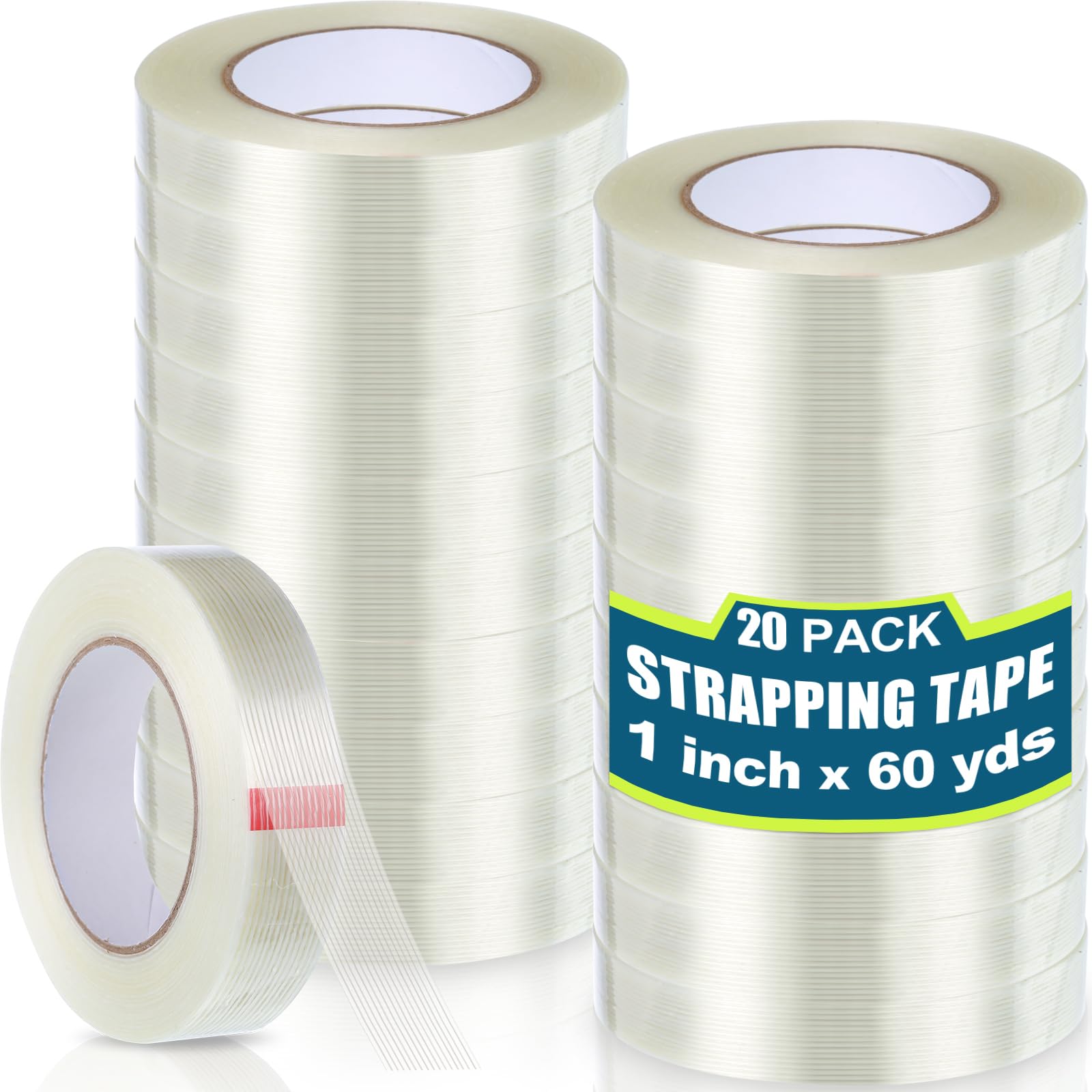 Treela 20 Rolls 1 Inch x 60 Yards Filament Strapping Tape Transparent Reinforced Fiberglass 5.5 Mil Heavy Duty Packing Shipping Tape for Sealing