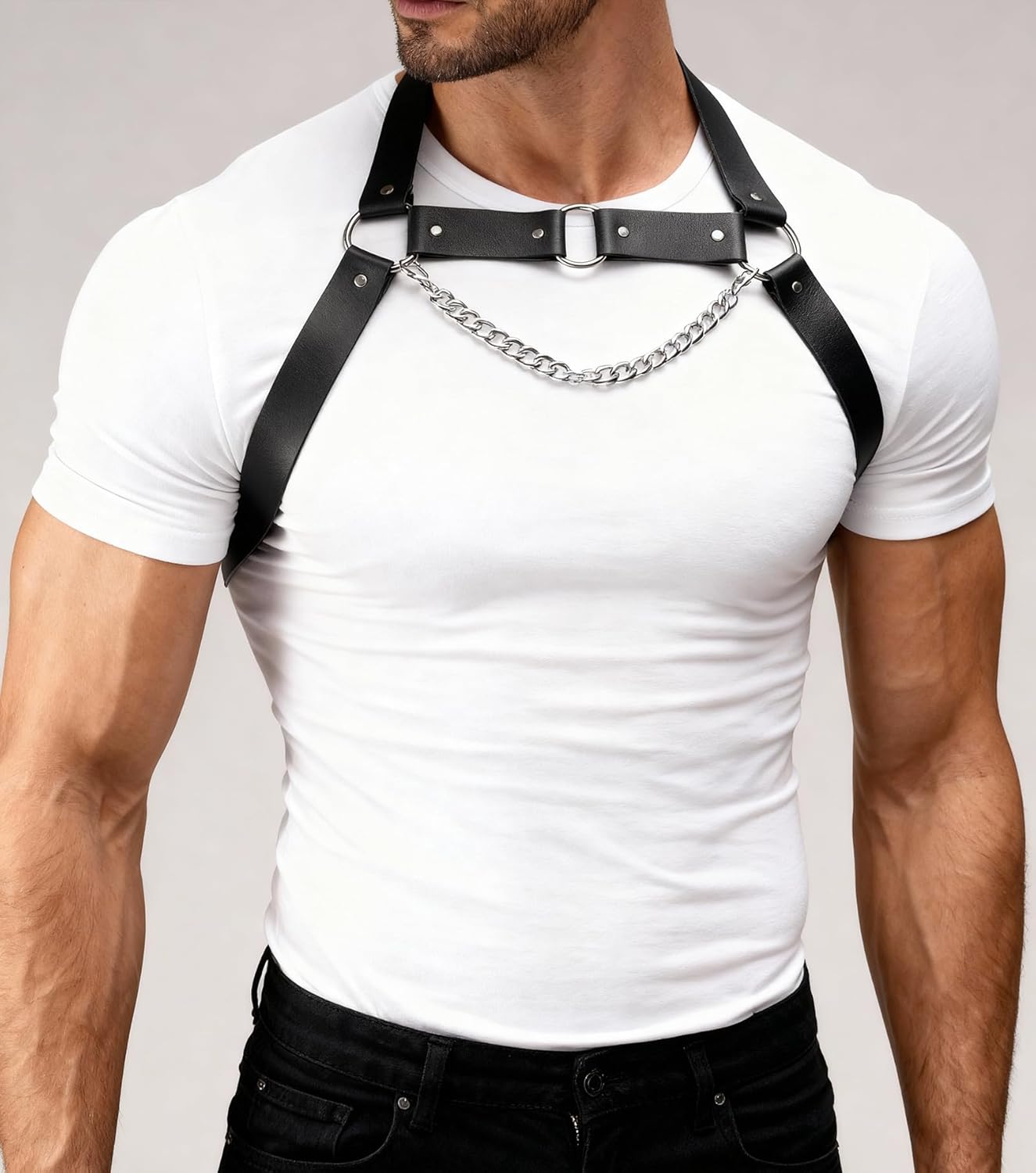 Men’s Adjustable Faux Leather Chest Harness Belt with Alloy Chain, Gothic Punk Shoulder Strap Harness for Festival, Club, Cosplay Outfits (Bust 18.1-21.3in) - Image 3