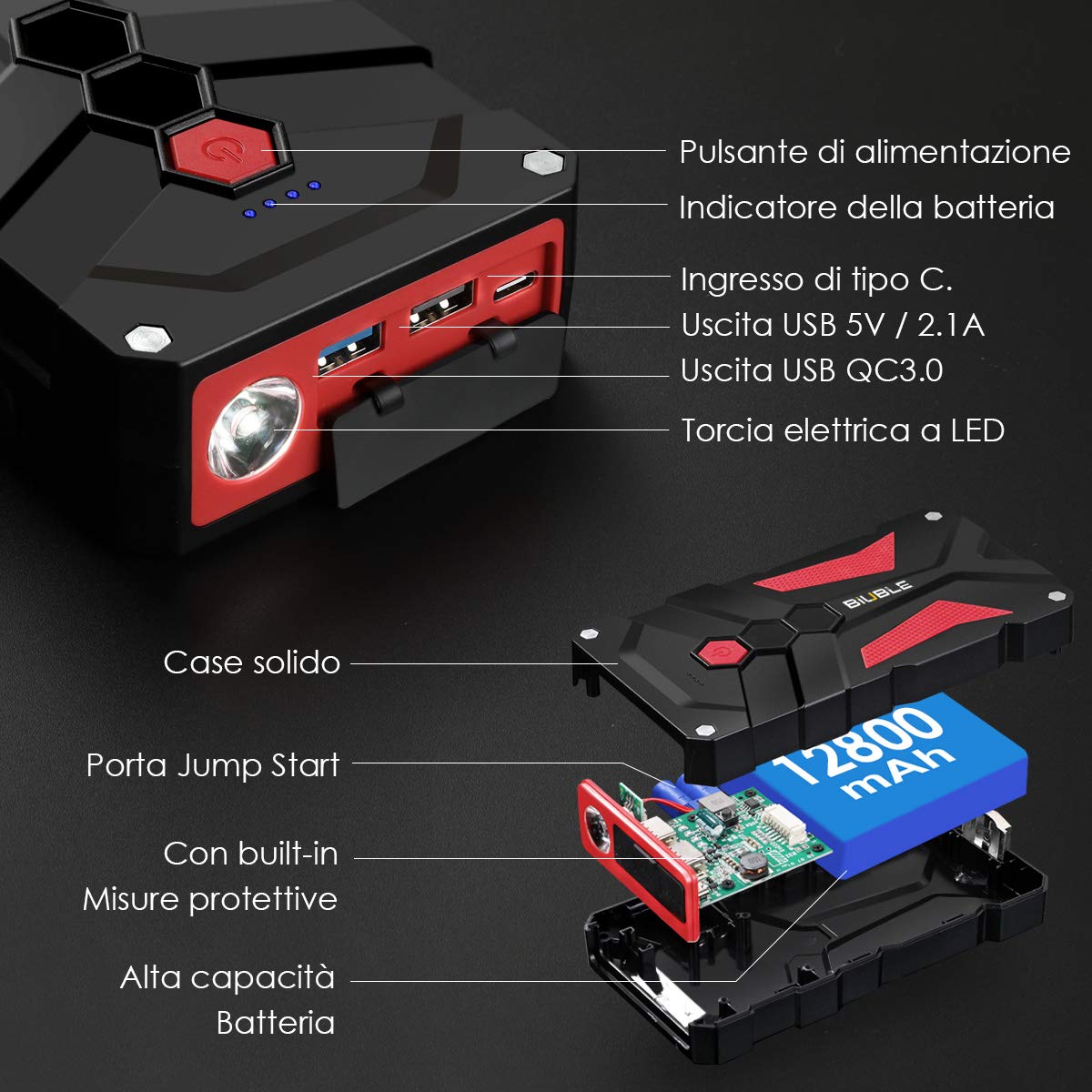 Avviatore Batteria Auto, 3000A Portatile Avviatore Emergenza per Auto(Adatto a 7.0L Gas o motore diesel 5.5L litri), 12V Jump Starter Booster Power Bank, Torcia a LED