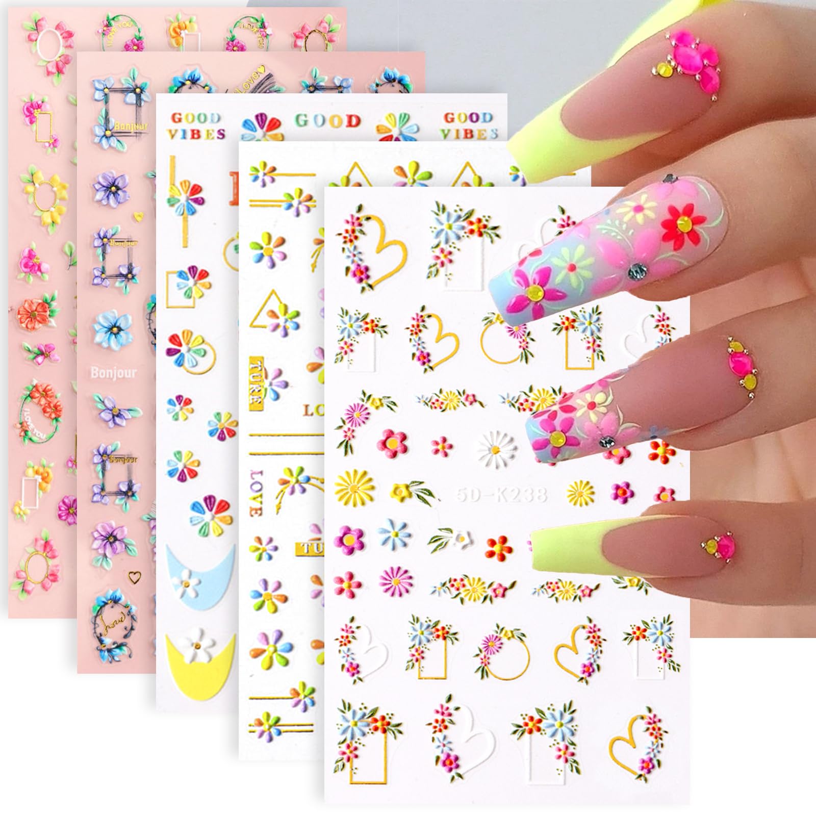 Amazon.com: TOGZOM Flower Nail Art Stickers 5D Embossed Daisy Nail