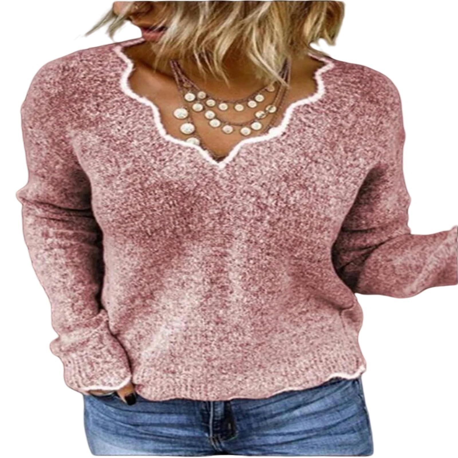 Sweter damski sweter sweter z dekoltem w serek z długim rękawem na co dzień luźny wygodny sweter sweter-różowy-XL