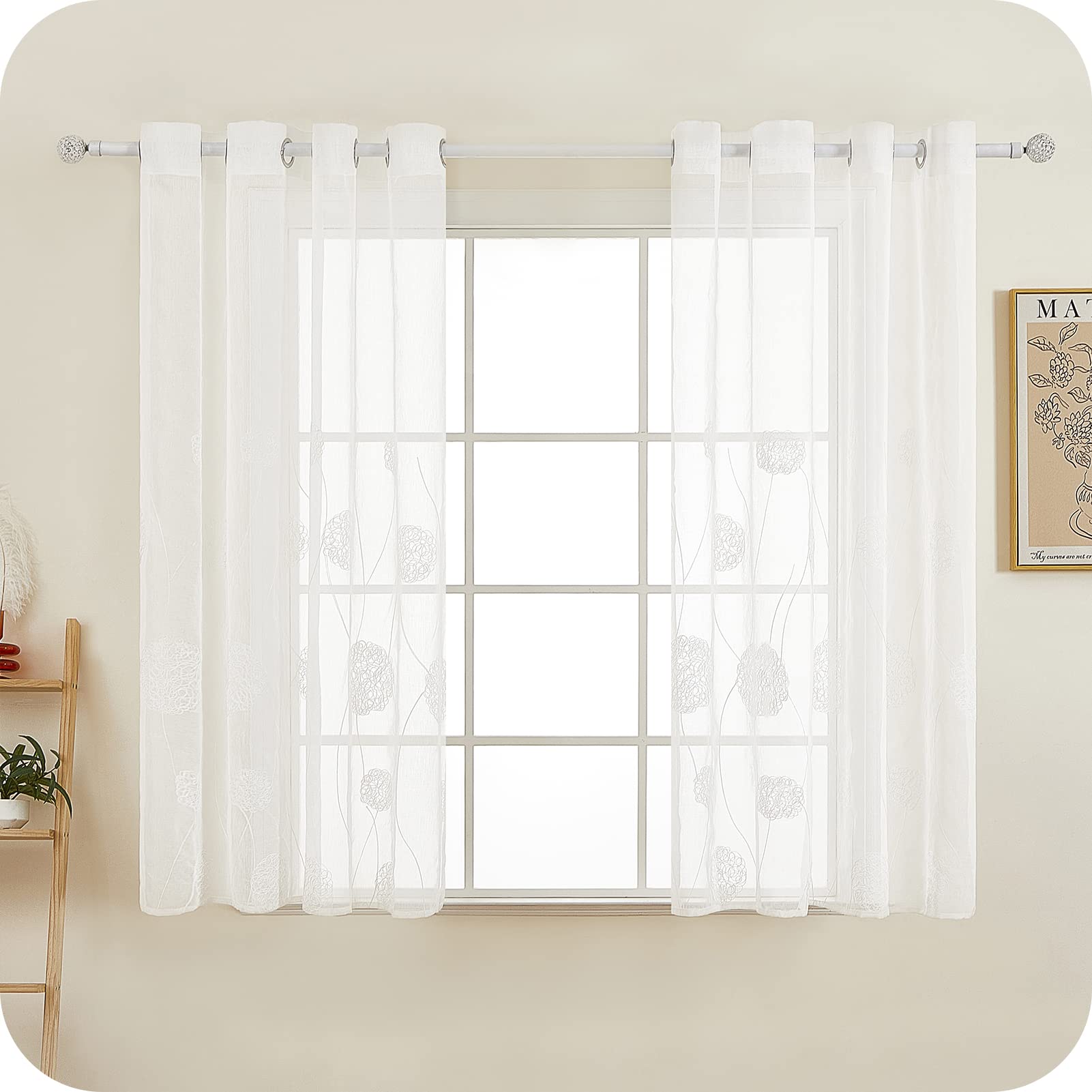 MRTREES Cortinas Bordadas Translucidas de Dormitorio 2 Piezas 140x145cm Visillos Cortos Hortensia Blancos con Ojales para Ventanas Salon Moderno Habitacion Juvenil Infantil Comedor Sala Cuarto Cocina