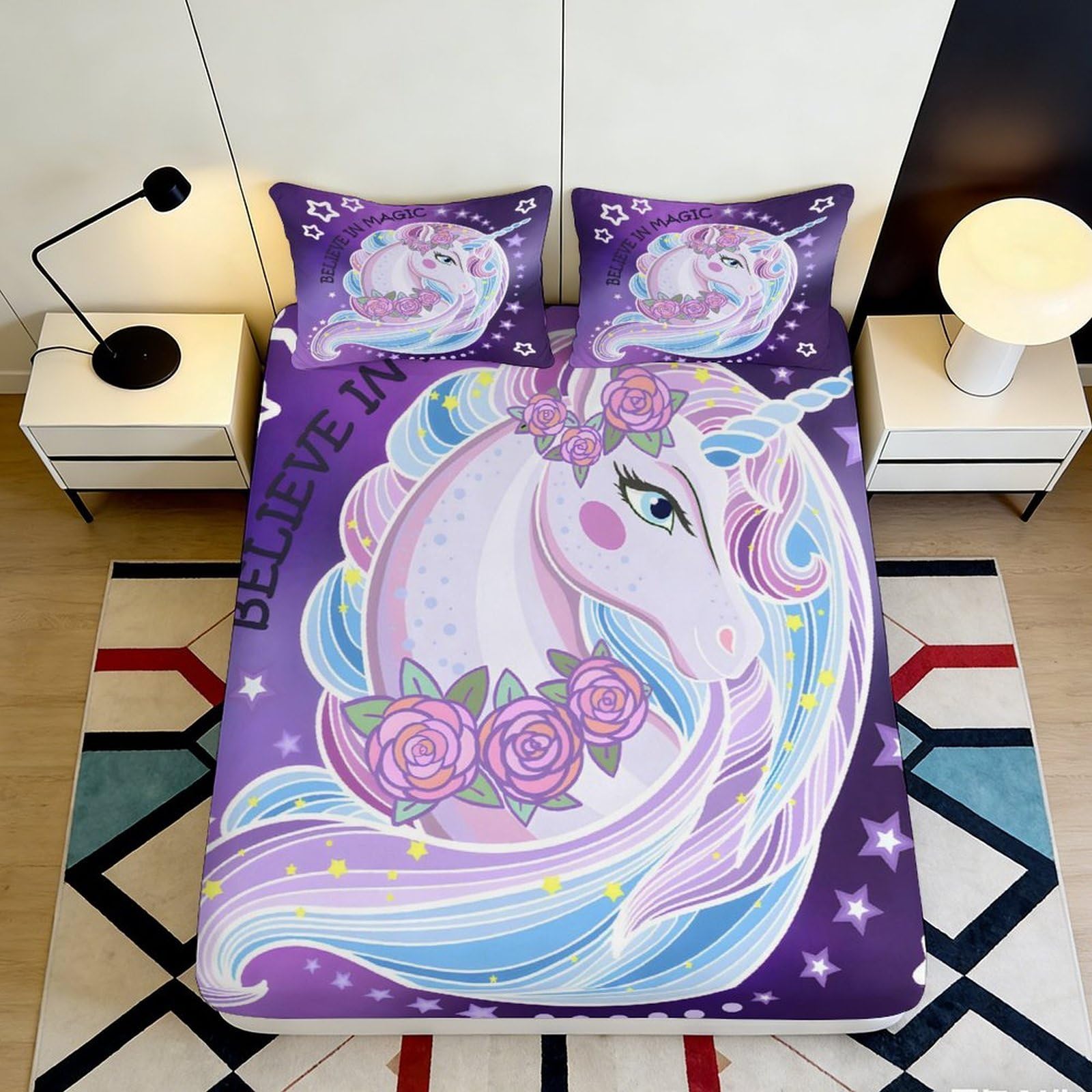 Jqzkxnhpbr Style-1 3D Printed Purple Unicorn Fitted Sheet Microfiber Soft Pastel Rose Mattress Cover Anti-Slip Bedroom Decor Easy Care For Home Guest Room 90X200x25cm