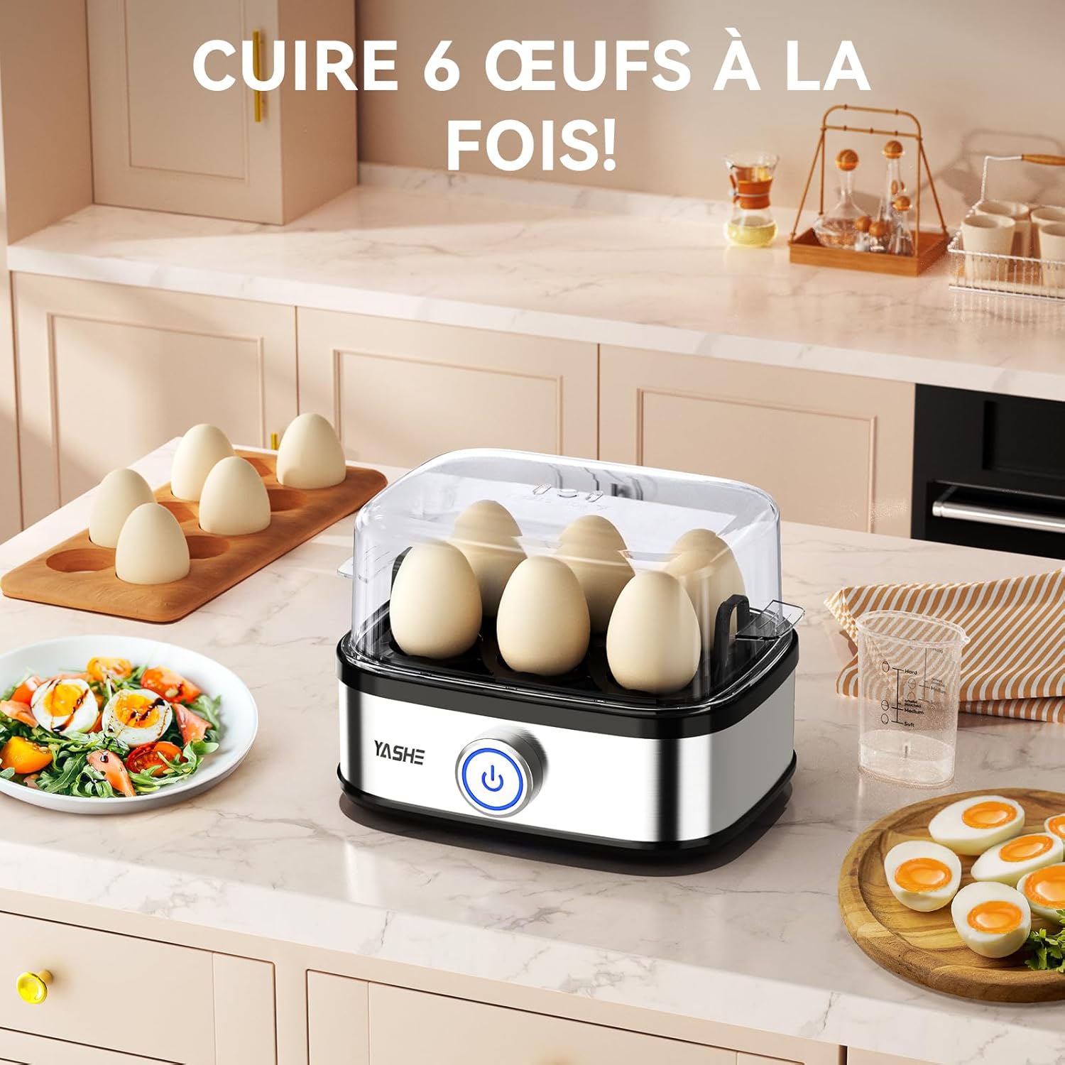 YASHE Cuiseur a œufs, cuisinier d'œufs compact de 400 W, 6 œufs faciles a peler, oeufs mollets, oeufs moyens, oeufs durs, Poacher, f - photo 2