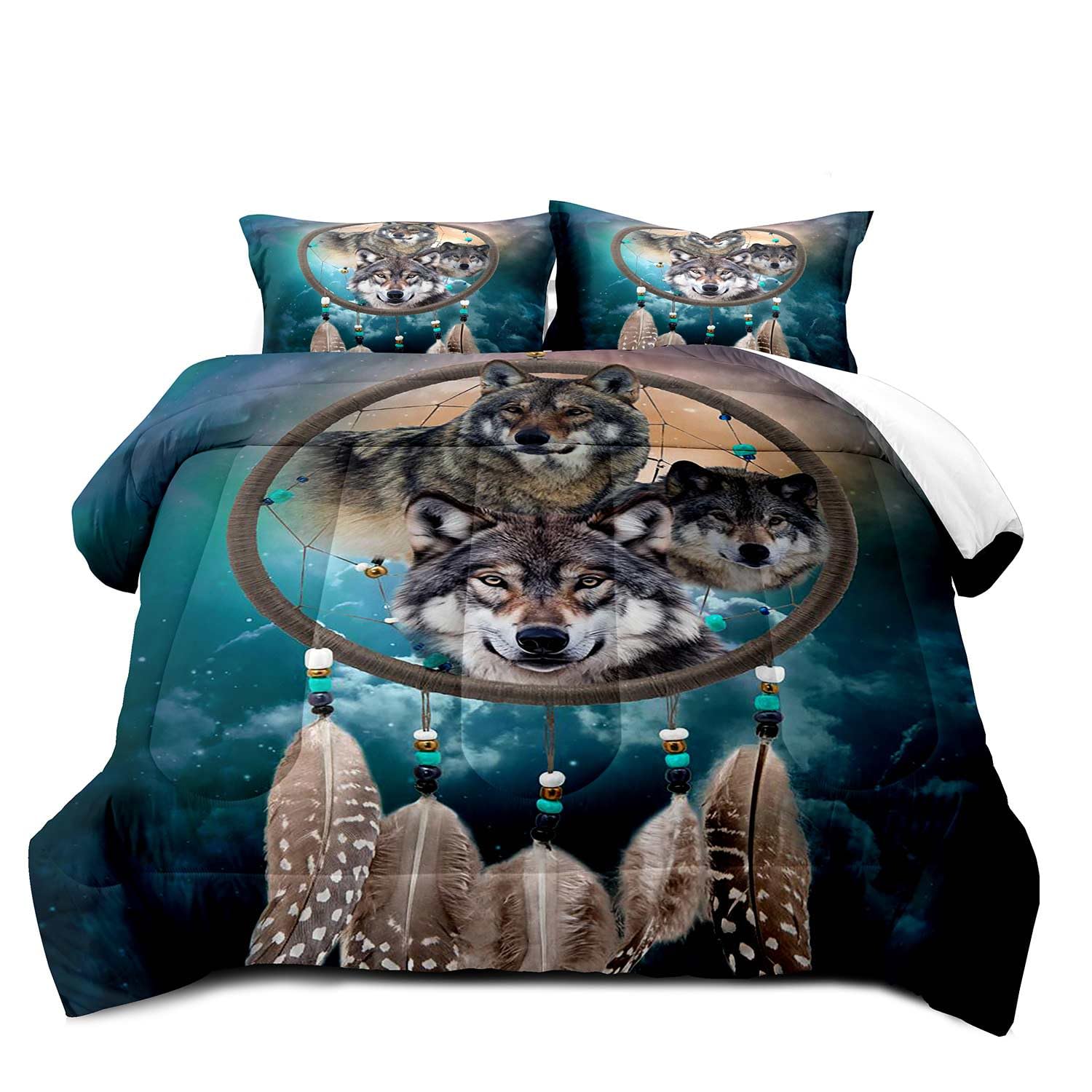 LUVIVIHOME 3PCS Boho Dream Catcher Wolf Comforter Set King Size, Wolf Bedding, Teal Starry Sky Galaxy Wild Animal Wolf Bedroom Decor for Boys Kids Teens, Soft Microfiber Quilt, 2 Pillow Shams