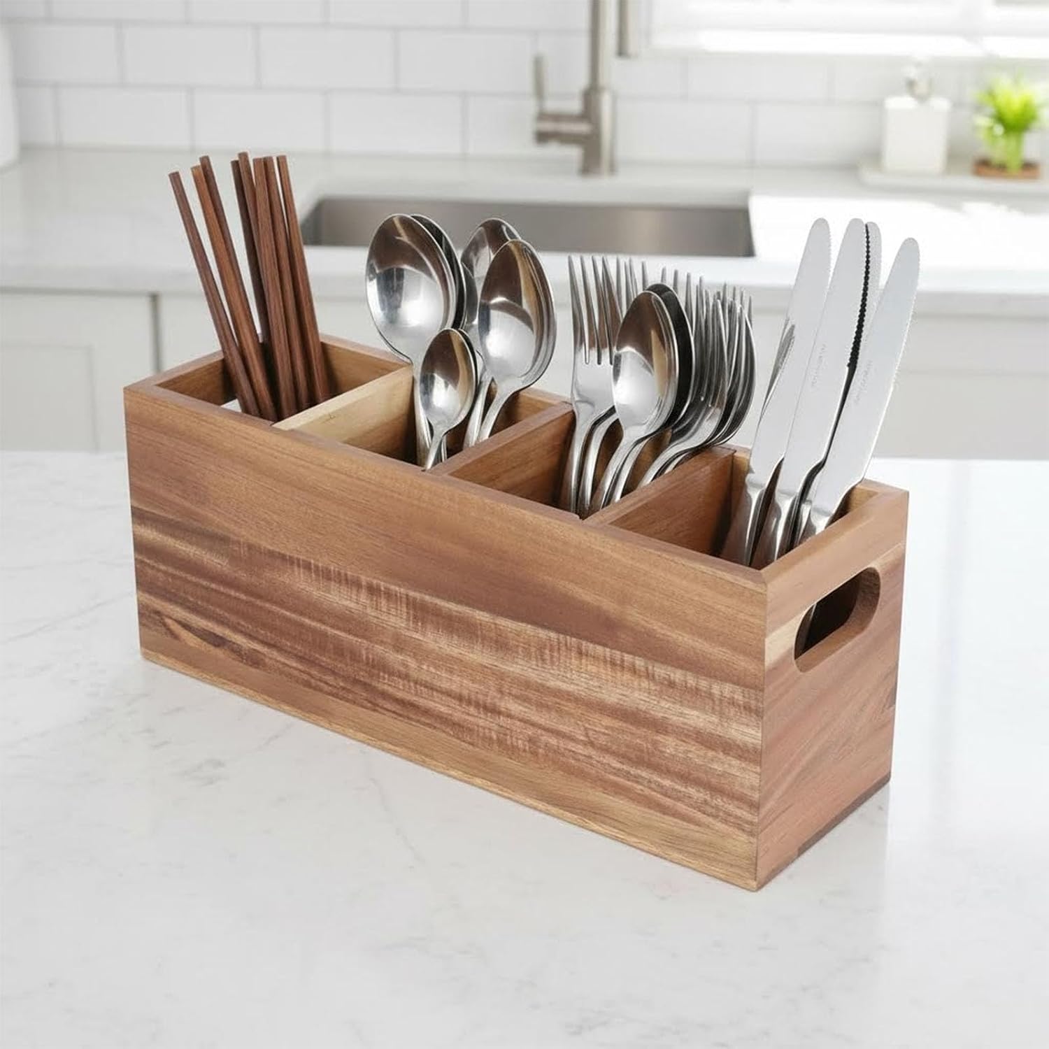 Silverware Holder,Acacia Wood Utensil Holder for Countertop,4 Compartment Silverware Caddy Organizer,Large Silverware Holder for Party Spoon and Fork Organizer