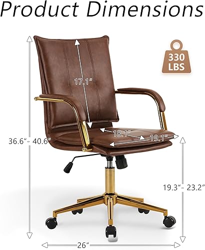 Miniatura 2 de MOJAY Silla de oficina ergonómica de cuero con respaldo medio, silla de escritorio ejecutiva tapizada moderna con marco dorado y reposabrazos
