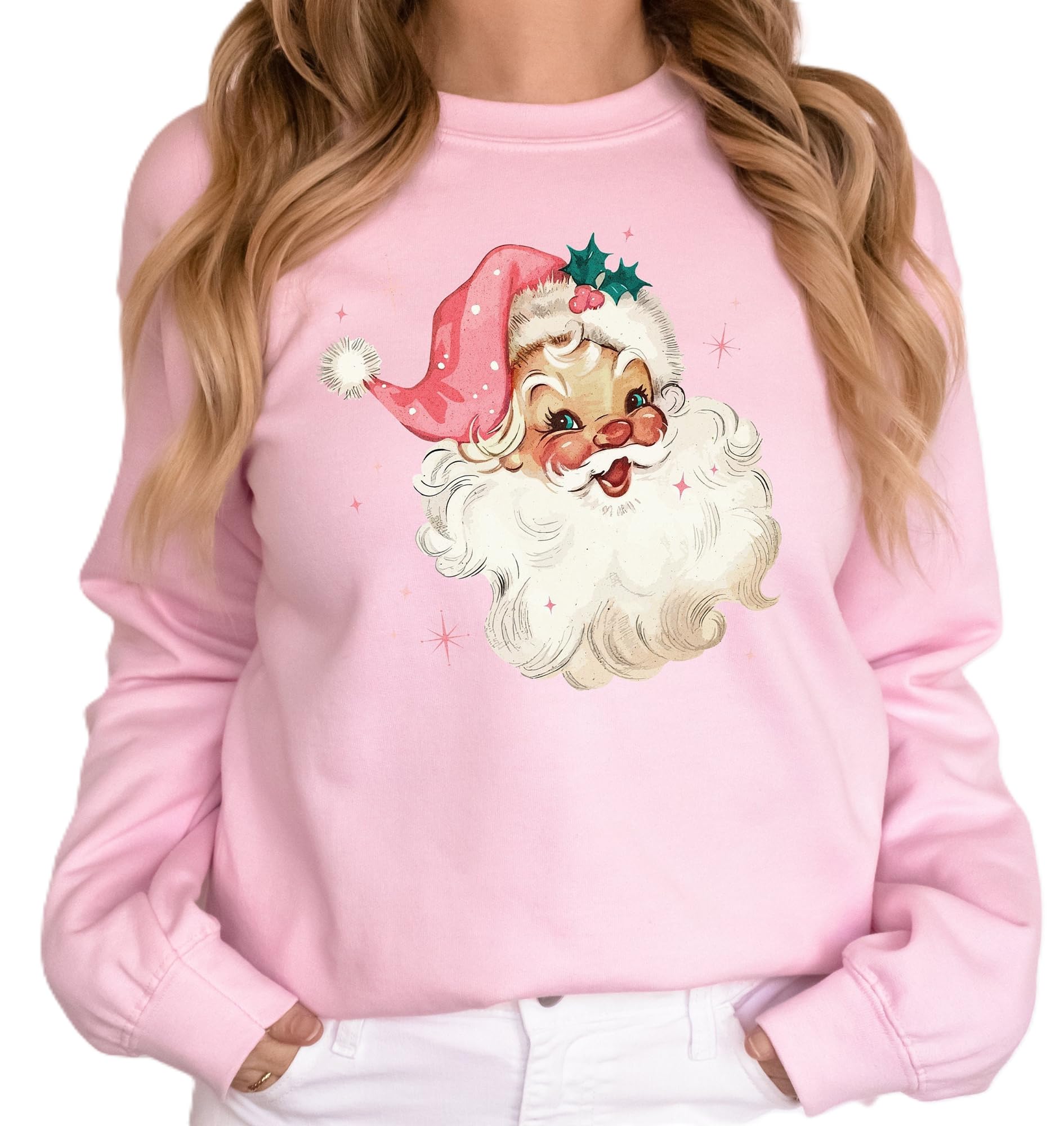 Merrvey Retro Pink Vintage Santa Sweatshirt for Women - Cute Santa Claus Crewneck
