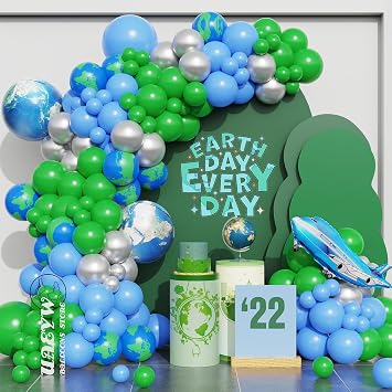 132Pcs Blue Green Balloon Arch Garland Kit for Earth Day Party Decorations,World Map Globe Earth Airplane Mylar Balloons for Travel Space Theme Bon Voyage Onederful World 1st Birthday Party Supplies