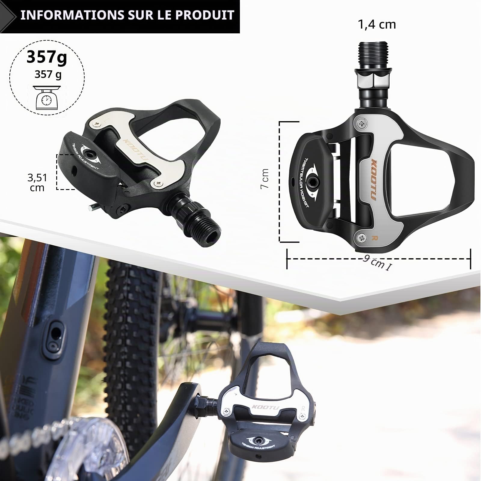 KOOTU Pédales automatiques de vélo, de Course 9/16 en Aluminium Pédale pour Vélo Universelle pédales de vélo de Course