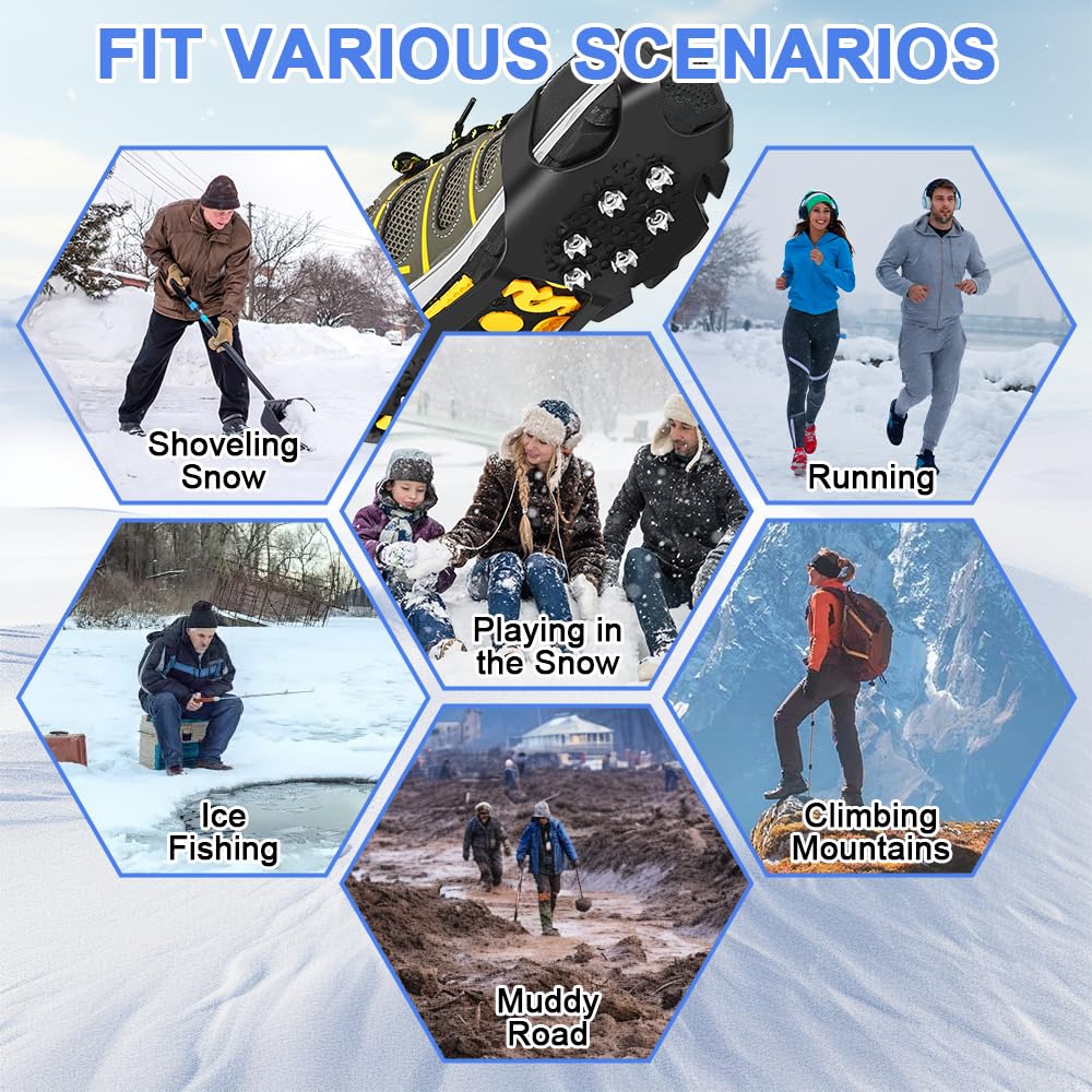 Ramponi per ghiaccio e neve, tacchetti per scarpe e stivali, antiscivolo, 10 punte in acciaio inox, protezione sicura per escursionismo, pesca, passeggiate