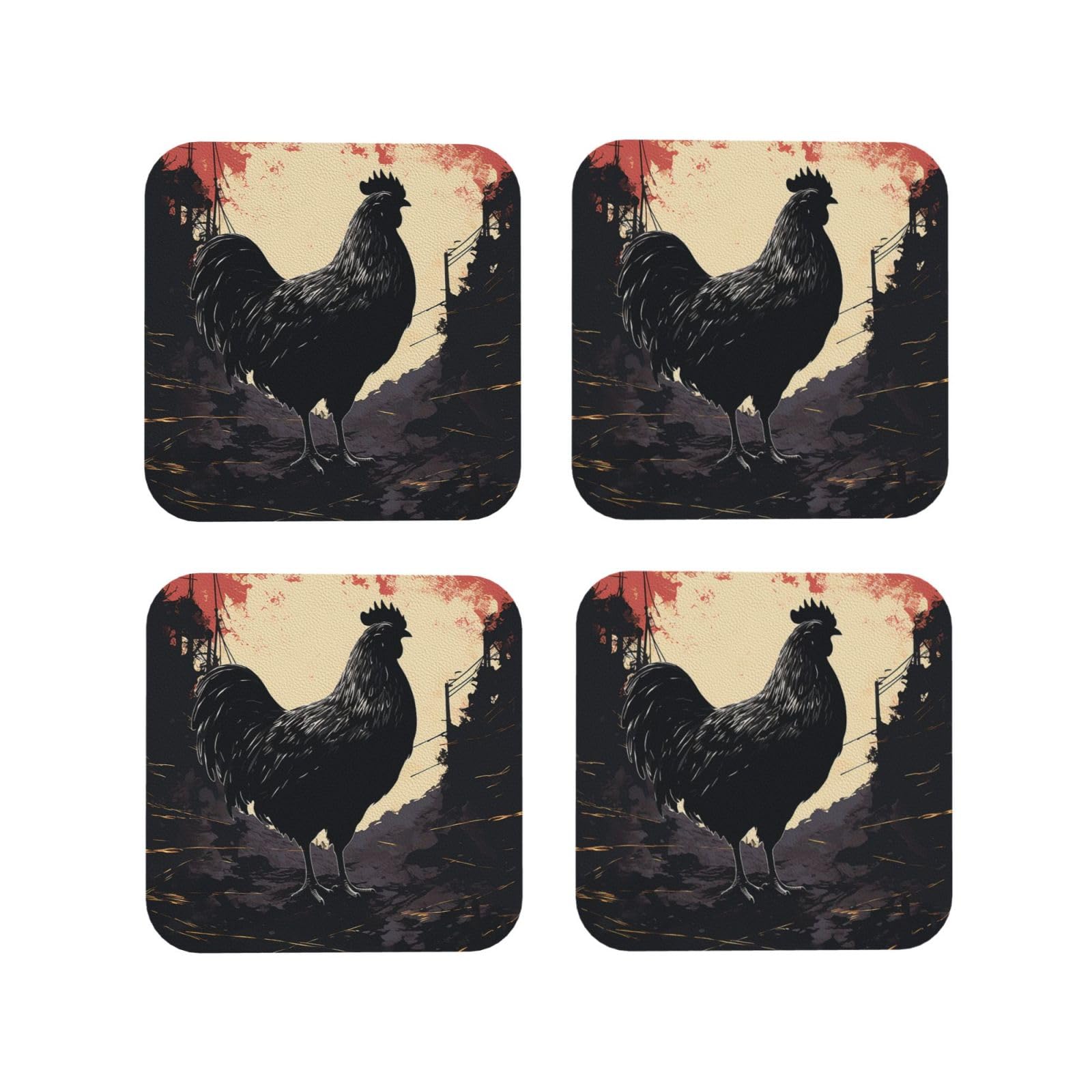 4pcs Drink Coasters for Tabletop Protection, 4" Leather Coasters for Drinks, Farmhouse Chicken Cup Coasters for Coffee Table Decor, Non-Slip Drinking Cup Mat for Hot Or Cold Drink