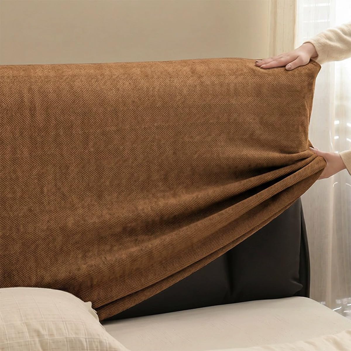 Mozzeilee Bed Headboard Cover, Elastic Headboard Slipcover (Coffee,150cm)