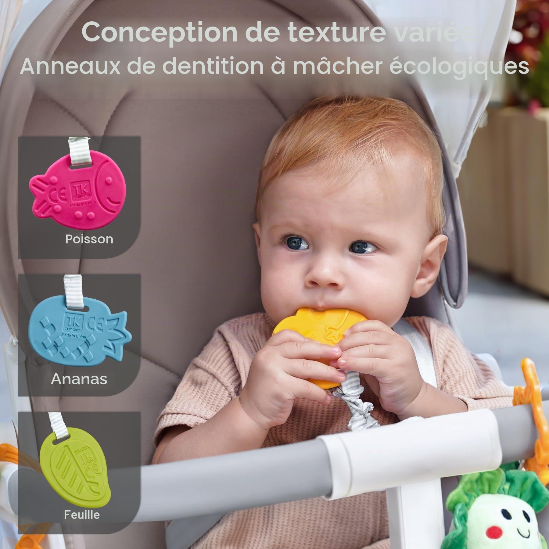 TUMAMA Jouet Poussette Bebe 0 3 6 9 12 Mois, Jouet Eveil Bébé, Suspendu Legumes Jouets en Peluche, Sensoriel Légumes Jouets pour Bébés Siège Voiture, Cadeau pour Nouveau-né pour 6 9 12+ Mois