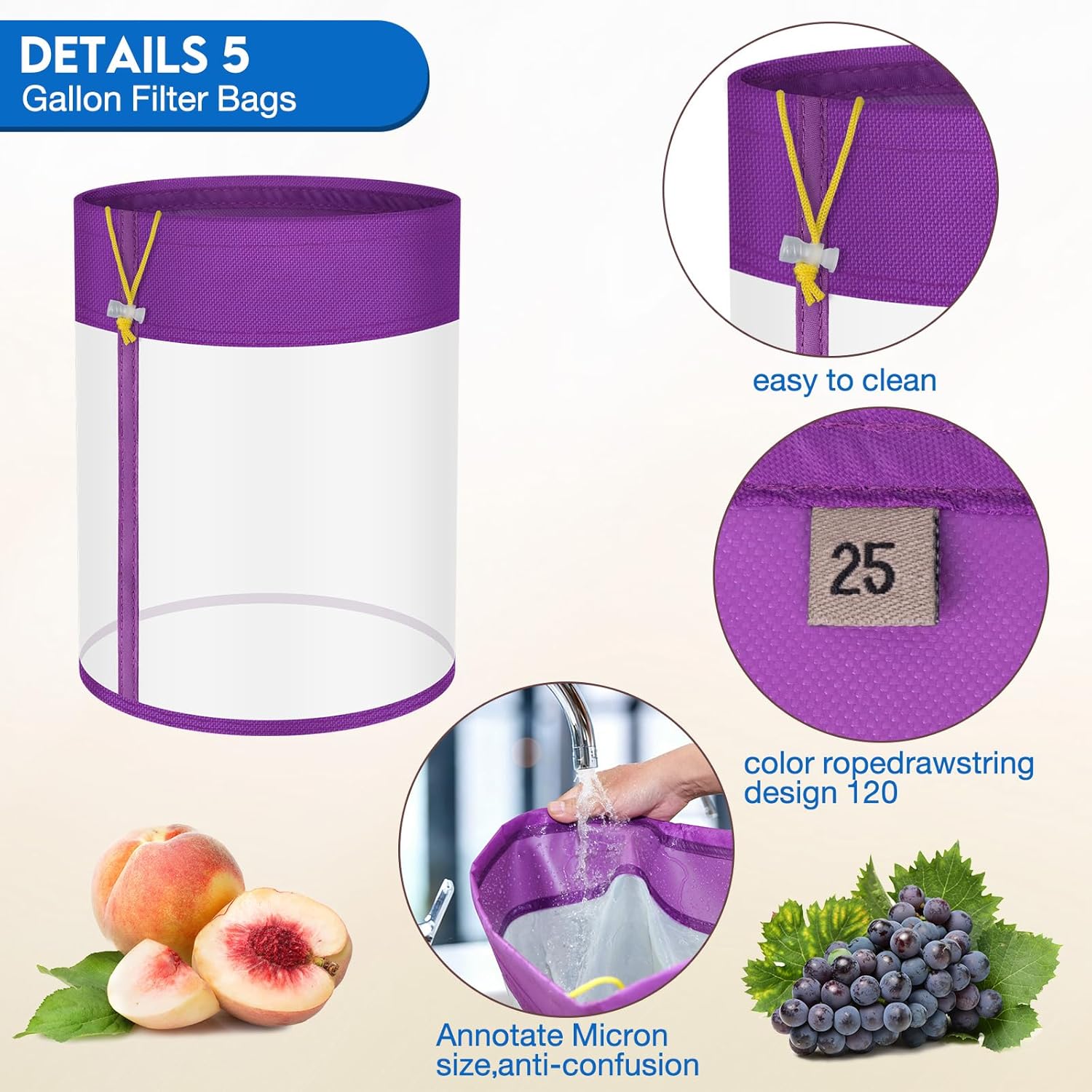5-Gallon All-Mesh Strainer Bags - 5-Pack Kit with Multi-Purpose Filter Sizes with 1 Premium Pressing Screen - Reusable Nylon Mesh Bags for Hydroponic Vegetables, Herbal Tea, and Ice Filtration
