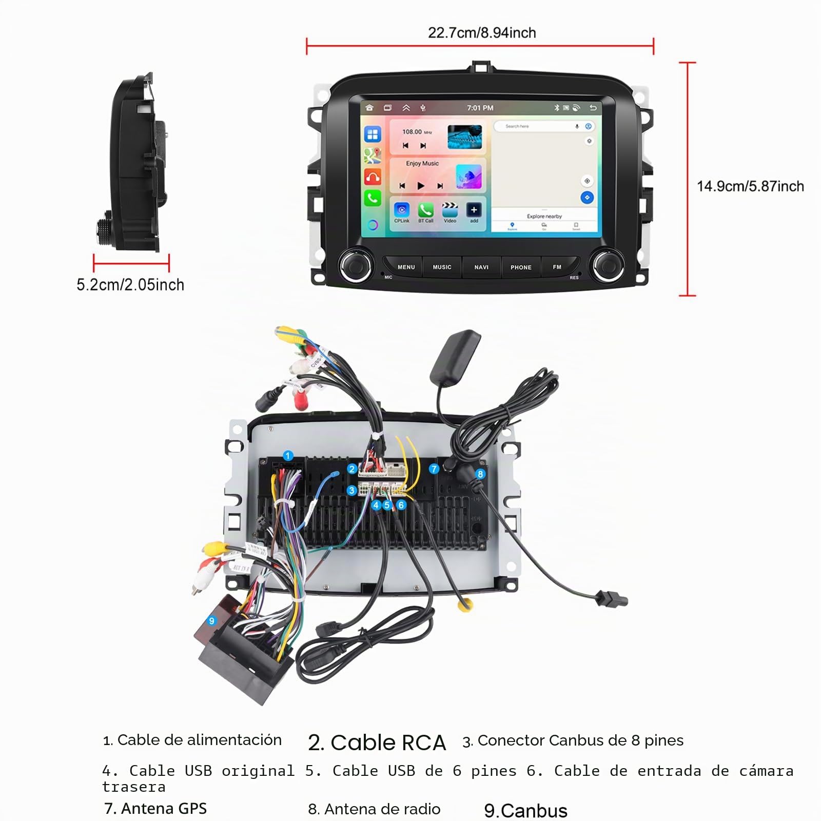 Hikity 4+64G 7" Radio Android para FIAT 500L 2012-2016 Wireless CarPlay