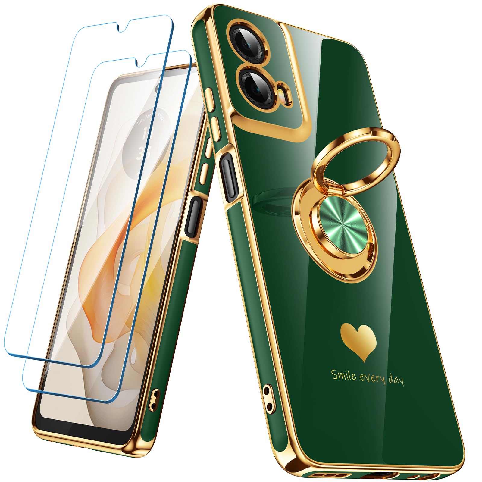 Nonional for Motorola Moto G 5G 2024 Case with 2 Pack Screen Protector, 360° Rotatable Ring Holder [Luxury Hearts Pattern] Plating Gold Edge Slim Soft
