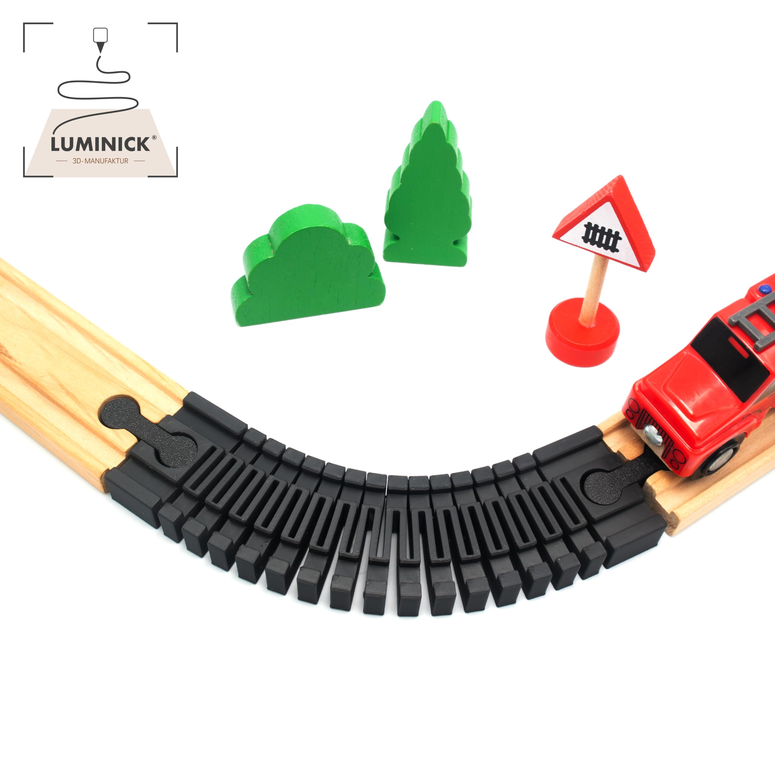 Szyna elastyczna – krzywa do 90° do drewnianych kolejek, kompatybilna z Brio, Eichhorn, IKEA Lillabo, łącznik szyny, elastyczna szyna, długość 16 cm, w zestawie adapter, pasuje zawsze (1 opakowanie)