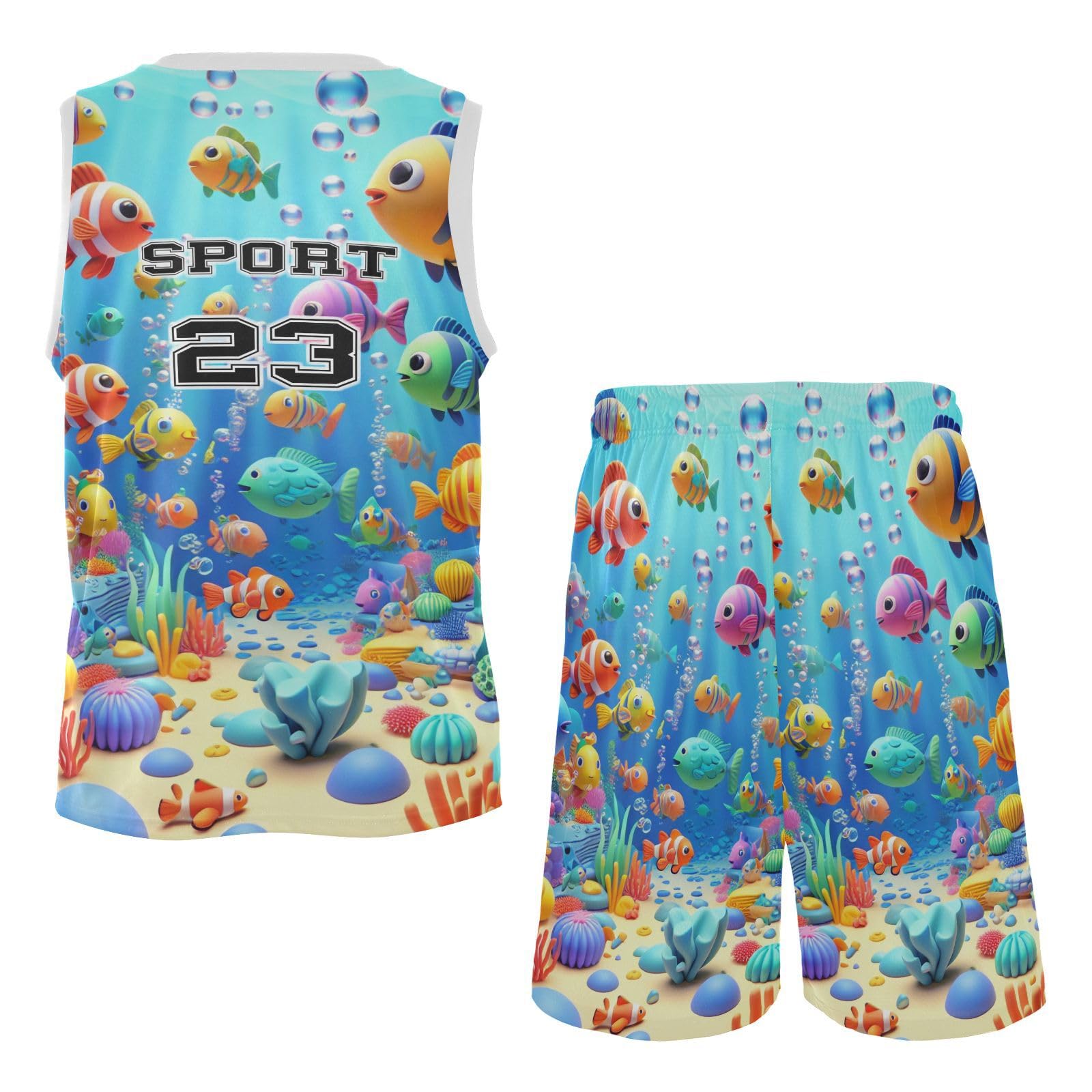 FLildon Colorful Sea Fishes Boys Basketball Jersey Set Tank Top Shorts Tracksuit Sport Training Suit for Kids