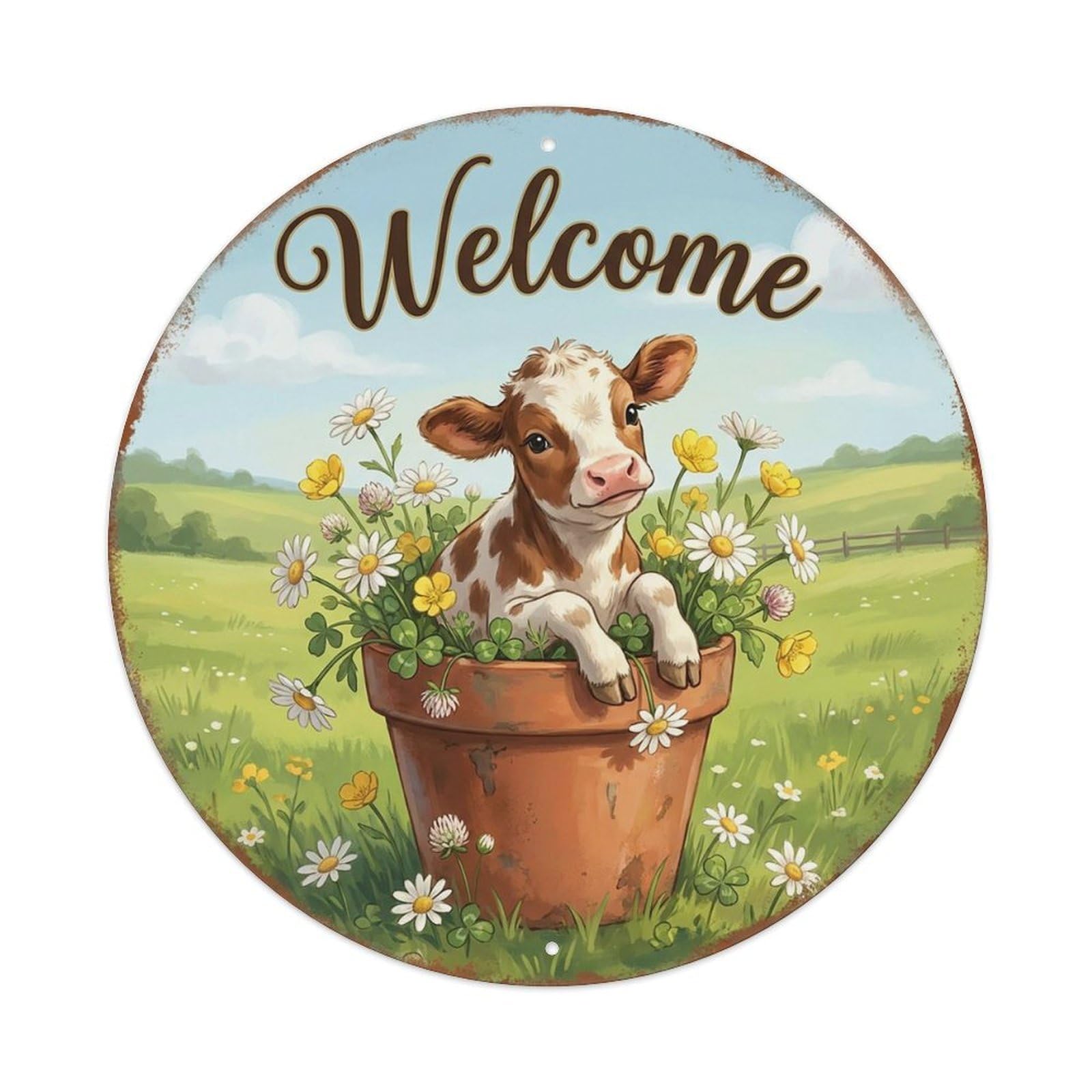 Welcome Calf Farm Daisies Vintage Metal Tin Sign Plaque Wall Decor for Cafe, Club Bar, Office, Garden Metal Poster 8x8Inch