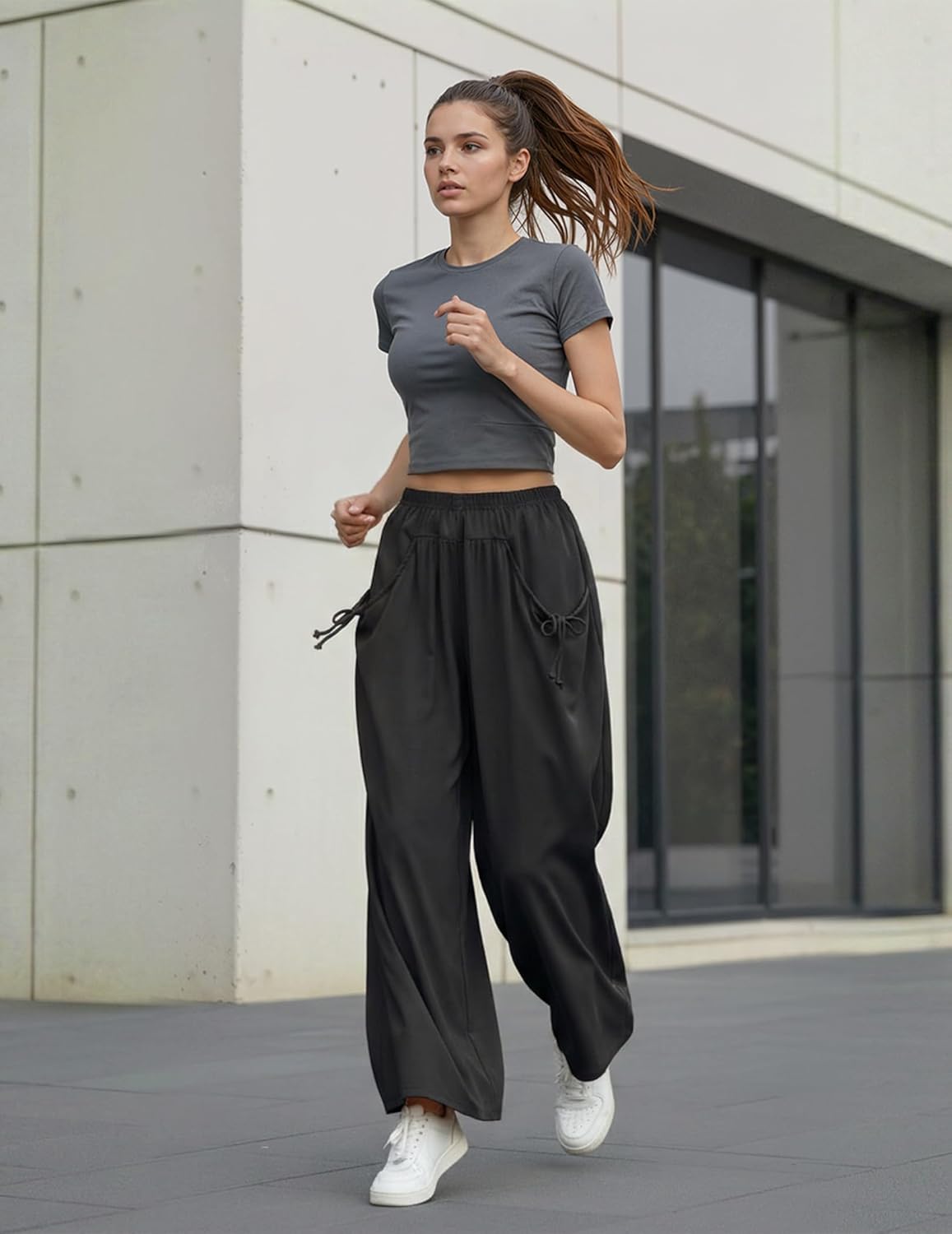 Women's Baggy Wide Leg Pants with Drawstring Pockets Elastic Waist Capri Hiking Pants Casual Fashion 2026 Trendy - Image 4