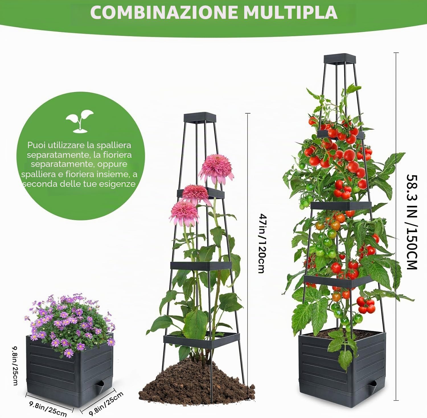 MYMULIKE Confezione da 2 vasi da giardino rialzati con traliccio, 147 cm, gabbia per pomodori, vaso da giardino rialzato con traliccio per piante rampicanti, gabbia per pomodori con auto-irrigazione
