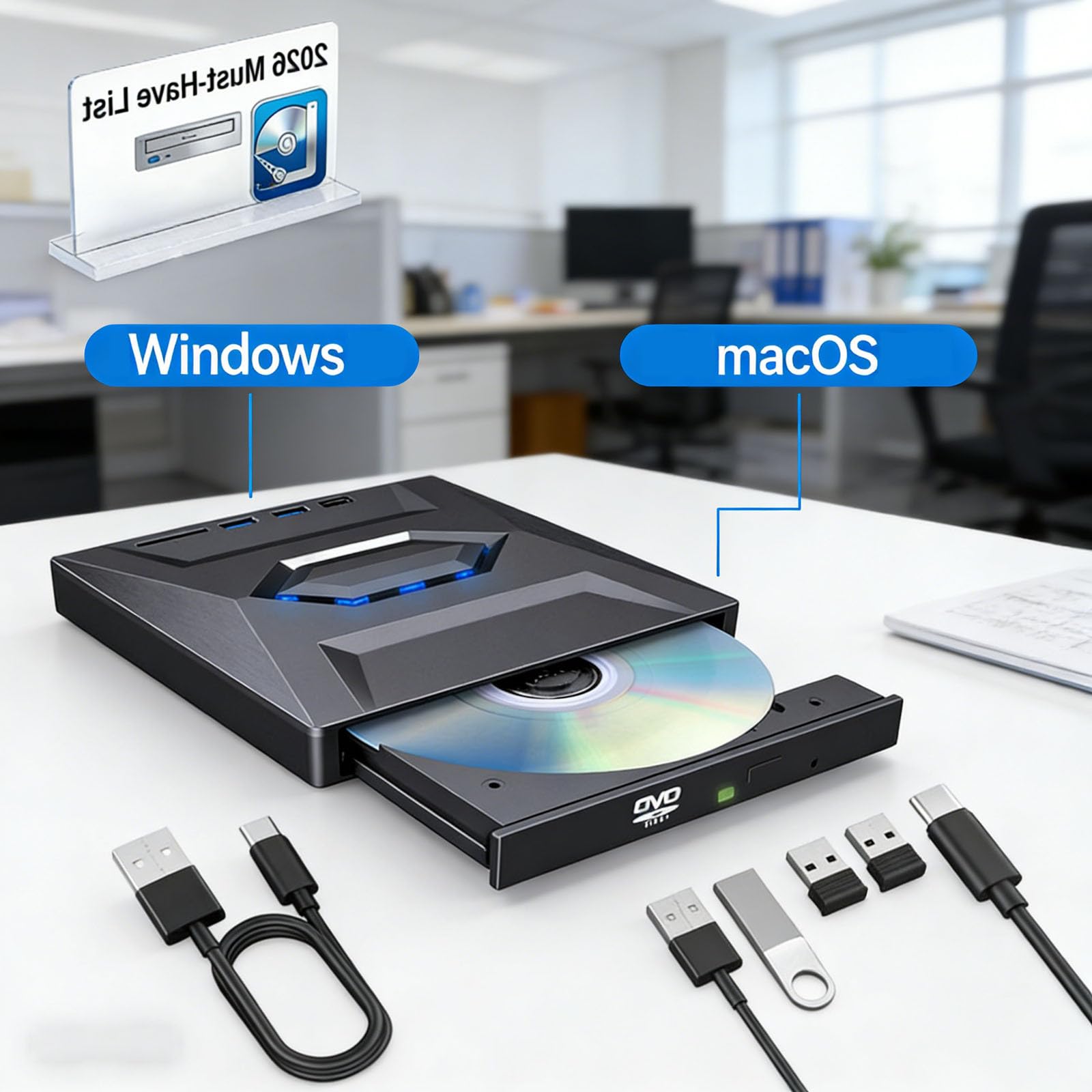 7-in-1 Externes USB-DVD-Laufwerk und Blu-ray-Player, USB C 3.0 Typ-C, tragbarer BD-DVD-CD-Brenner, Lesegerät mit 3 USB-Anschlüssen, Hub und SD-TF-Kartenleser, 6 x optisches Blu-ray-Laufwerk für Laptop