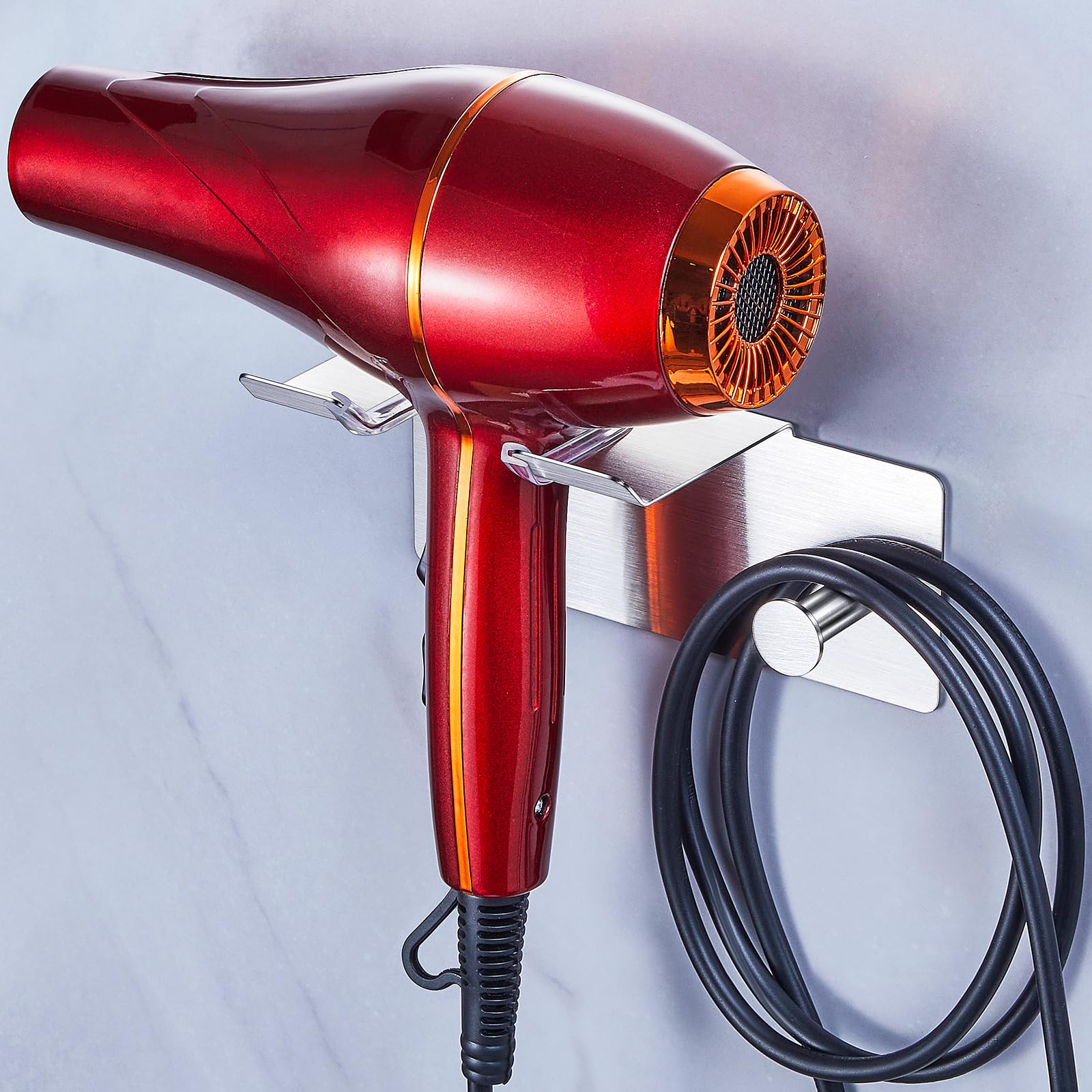 Soporte de Pared para secador de Pelo sin taladrar, Almacenamiento para secador de Pelo, Soporte para secador de Pelo para baño, Soporte Autoadhesivo para secador de Pelo, Plateado