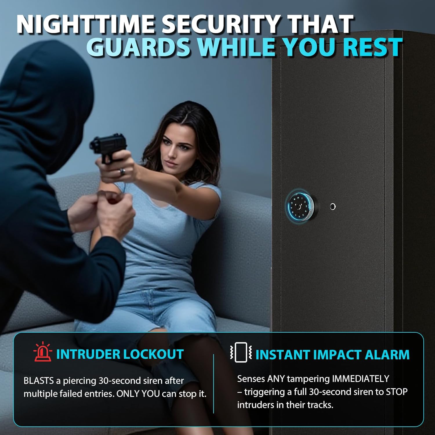 Diagram showing the safe's security features including intruder lockout and instant impact alarm.