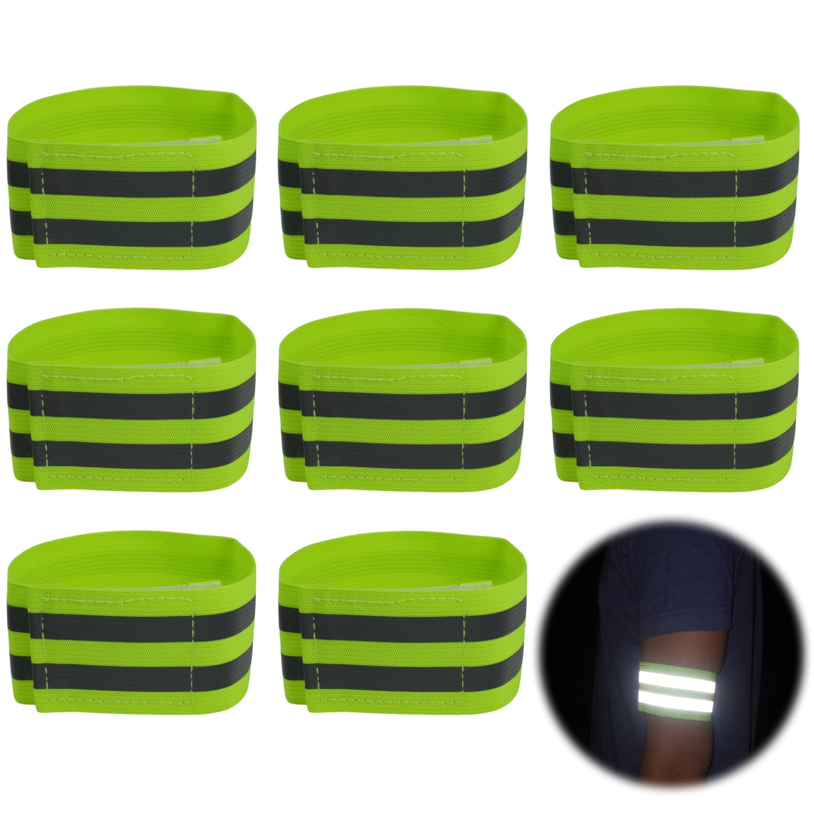 8 Pcs Brassard Réfléchissant,Bande Réfléchissante Double,Largeur 5cm,Fermeture Réglable 8cm,pour Bras,Jambes,Chevilles,Visibilité 360°,Vert,35-50cm,pour Adultes,Cyclistes,Visibilité 300m