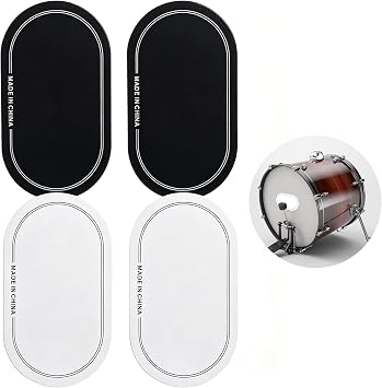 Rockhouse 4Pcs Bass Drum Double Pedal Patch, Self-Adhesive Drumhead Protector Stickers Mute Pad for Kick Drum Percussion Accessories Black+Wihte