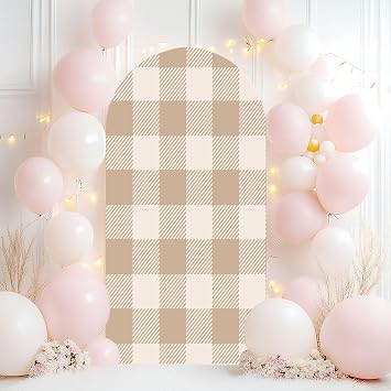 Wedding Arch Backdrop Cover 6.6FT Gingham Seamless Beige White Texture Checkered Tweed Plaid Repeating Spandex Fitted Arch Cover Round Top Stands Cover for Birthday Party Ceremony Banquet Decoration