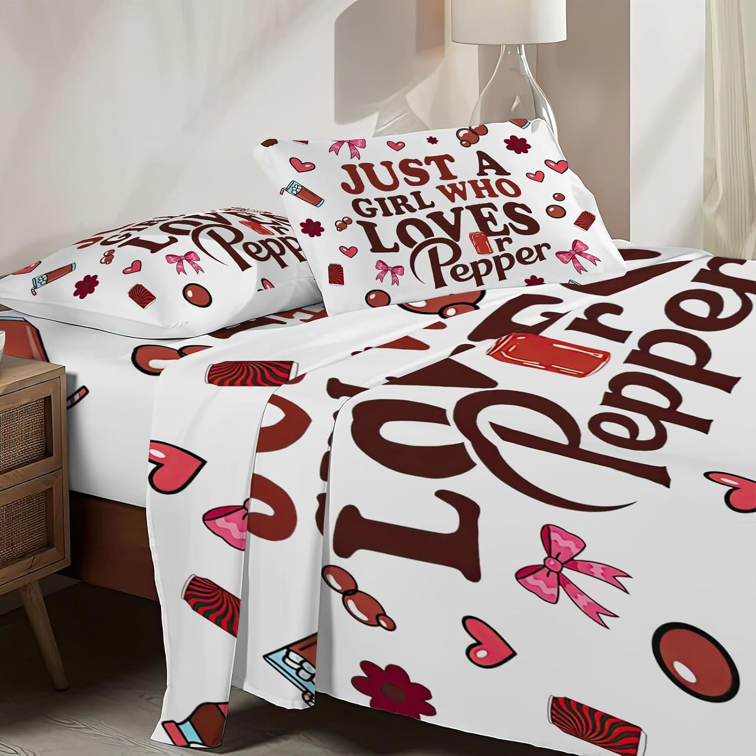 Allenjoy Dr.P Drinks Soda Girl Lovers Sheets Set with Fitted Sheet, Flat Sheet and 2 Pillowcases for Men Teens Fans Brother Son Bedding Bedroom Nursery Room Decor, Machine Washable Durable Queen Size image 2