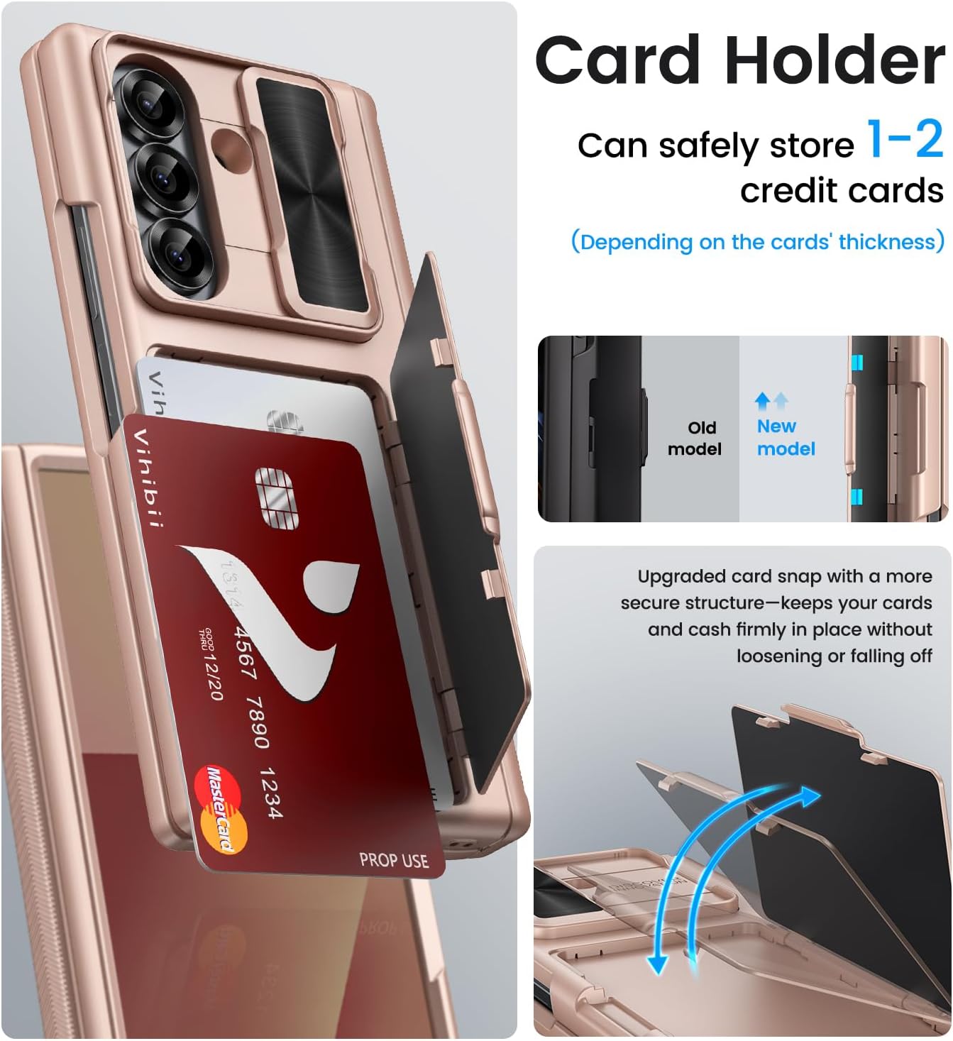 Vihibii for Samsung Galaxy Z Fold 7 Case Wallet with Card Holder & Slide Lens Cover & Outer Screen Protector & Rugged Hinge Protection, Full Body Protective Case for Samsung Z Fold 7 2025, Rose Gold