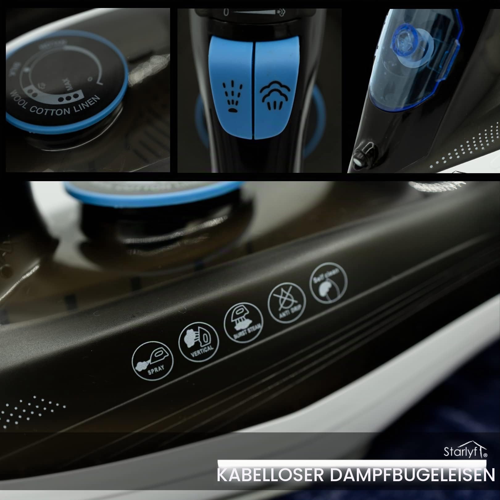 STARLYF Bügeleisen dampf, 2400w, Dampfbügeleisen kabellos mit Basisstation Cordless Steam Iron, kabelloses Bügeleisen, Sohle mit keramischer Antihaftbeschichtung, alle Stoffe
