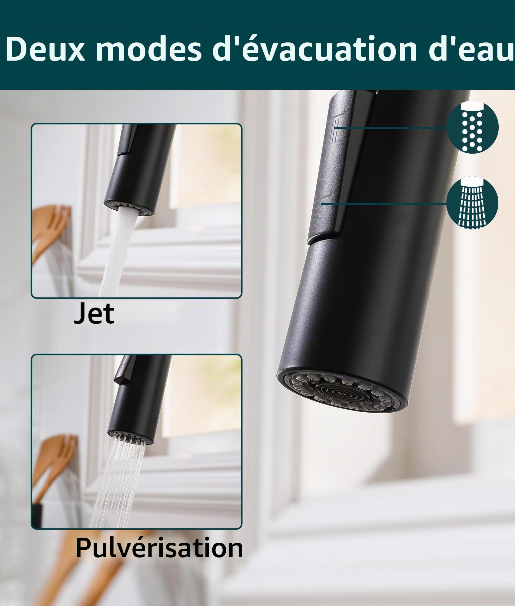 Robinet de Cuisine,Robinet de Cuisine Haute Pression Avec Douchette Extractible,Pivotant à 360°,Mitigeur D'éVier à Double Bec,Mitigeur de Cuisine En Acier Inoxydable Noir
