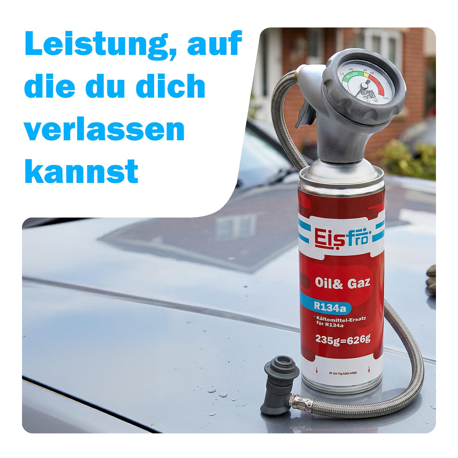 5in1 - Kältemittel R134a + Schlauch, 2X 235 g für Auto Klimaanlage mit Öl, Dichtungsmittel, UV-Farbstoff, Trocknungsmittel - Schützt den Kompressor