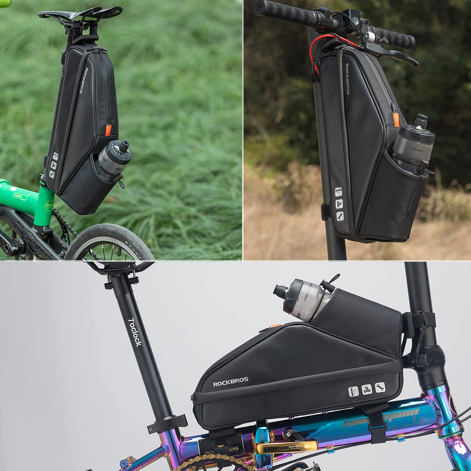 ROCKBROS Borsa da Bicicletta Tubo Telaio Triangolo, Borsa Impermeabile con Tasca per Bottiglia, con Portaborraccia per Pieghevole Bici, Scooter, circa 1,5L