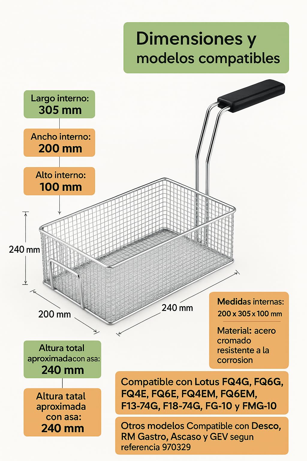 CubetasGastronorm ® Cesta Freidora 200x305x100mm Acero Cromado Profesional Repuesto Hosteleria Compatible Con Lotus FQ F13 FG FMG Gas Electrica Cocina Industrial Uso Intensivo Repara Casa Maquina