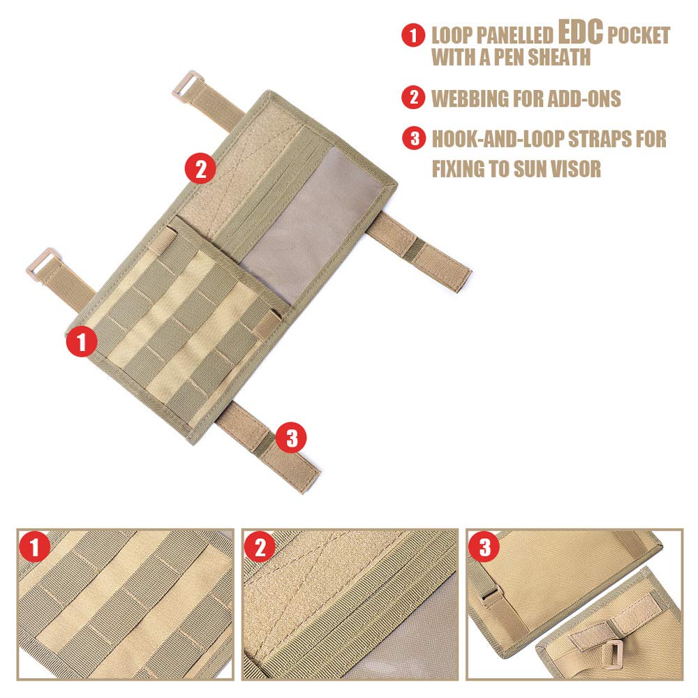 JINJULI Tactical MOLLE Vehicle Visor Panel Truck Car Sun Visor Organizer Holder Pouch for Most Vehicles (Tan)