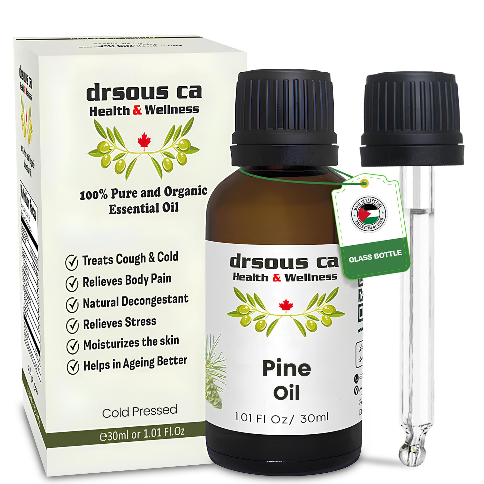 Drsous Ca Pine Needle Essential Oil 30ml | 100% Pure, Organic and Cold Pressed | Natural Muscle and Joint Relief | Refreshing Aroma Oil for Clear Breathing | Made in Palestine